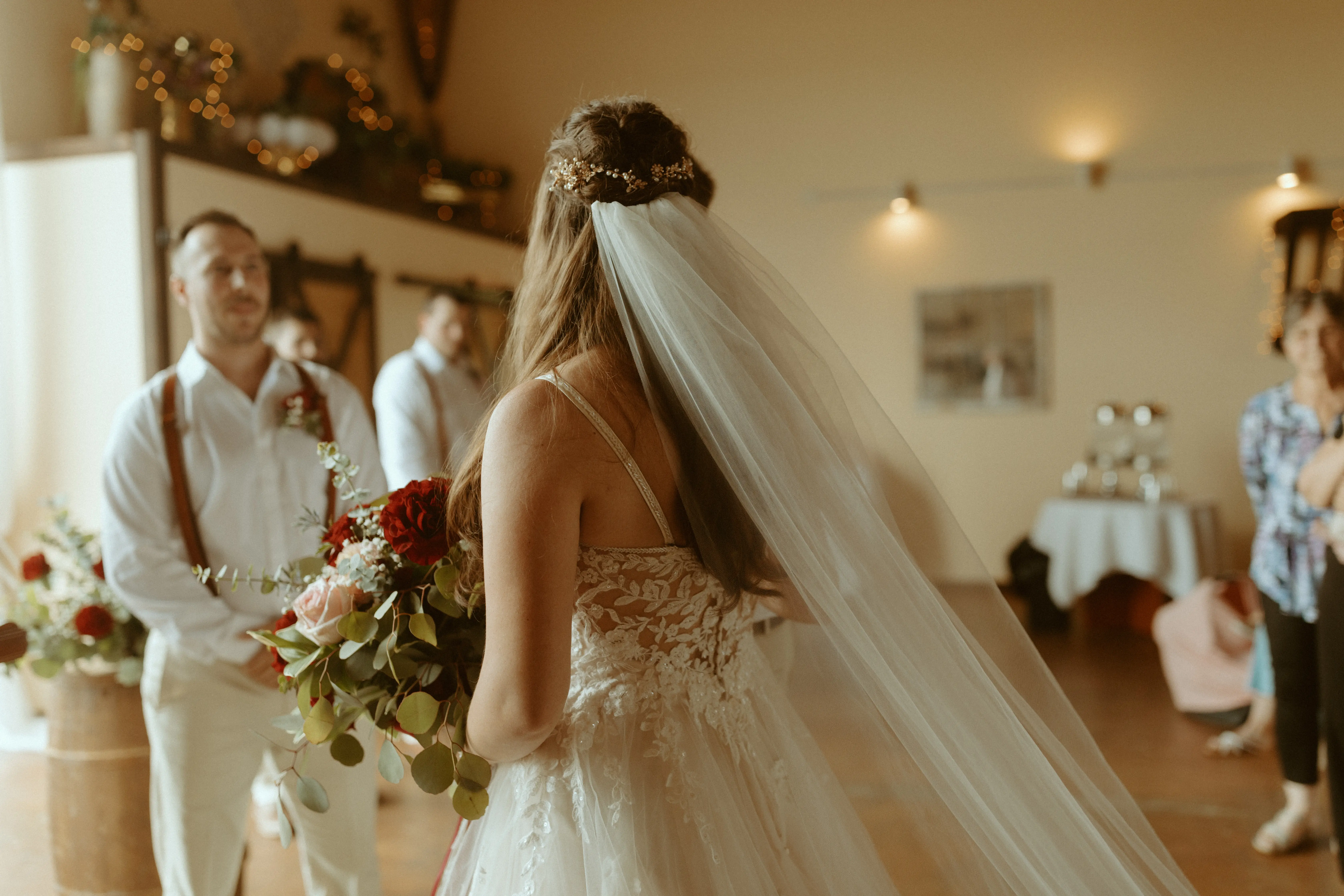 Groom With Bride Wearing Floral Lace Wedding Dress Lettie By Rebecca Ingram