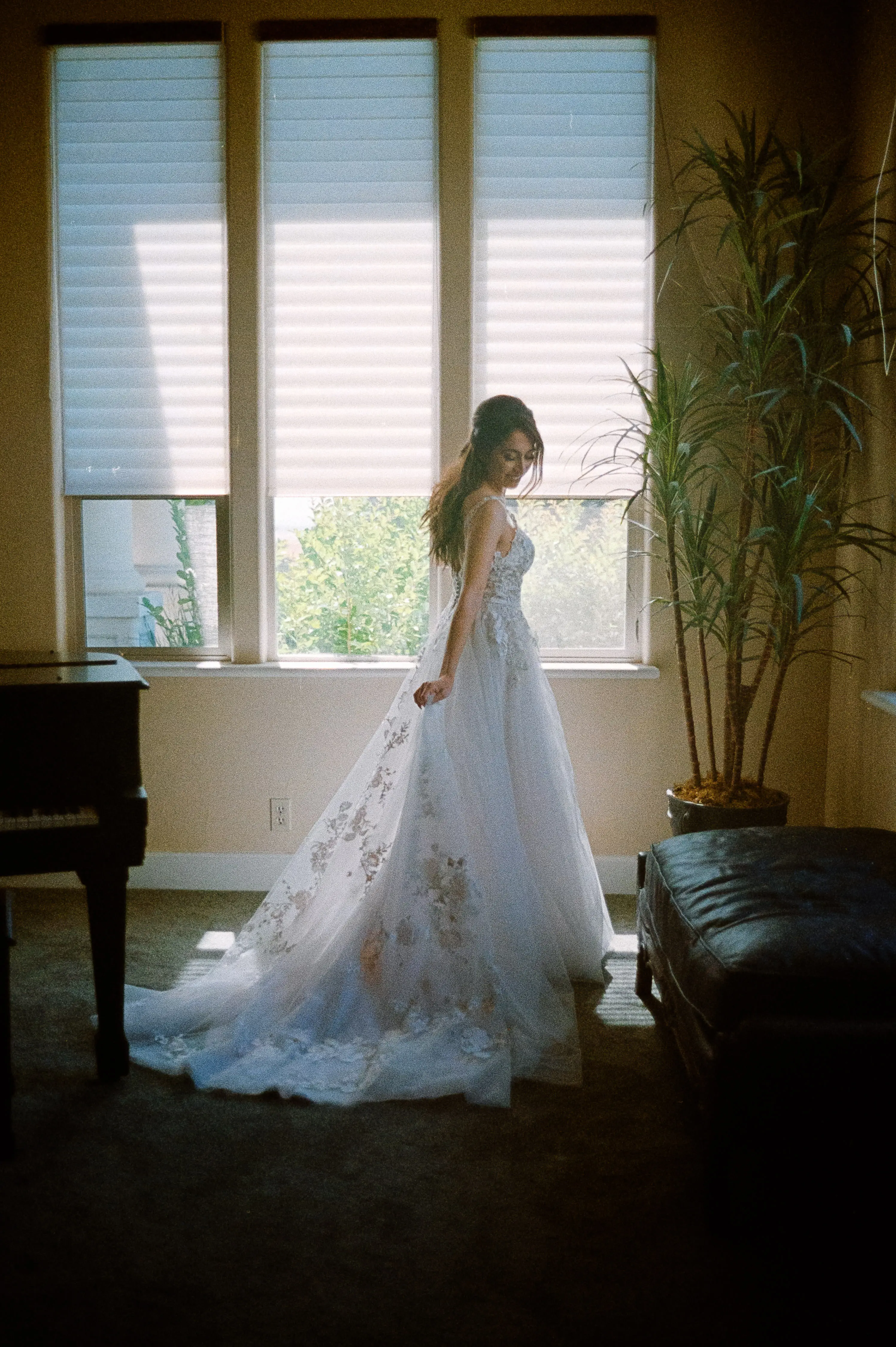 Bride in Magical A-Line Wedding Dress with Textured Illusion Motifs Called Minerva by Rebecca Ingram