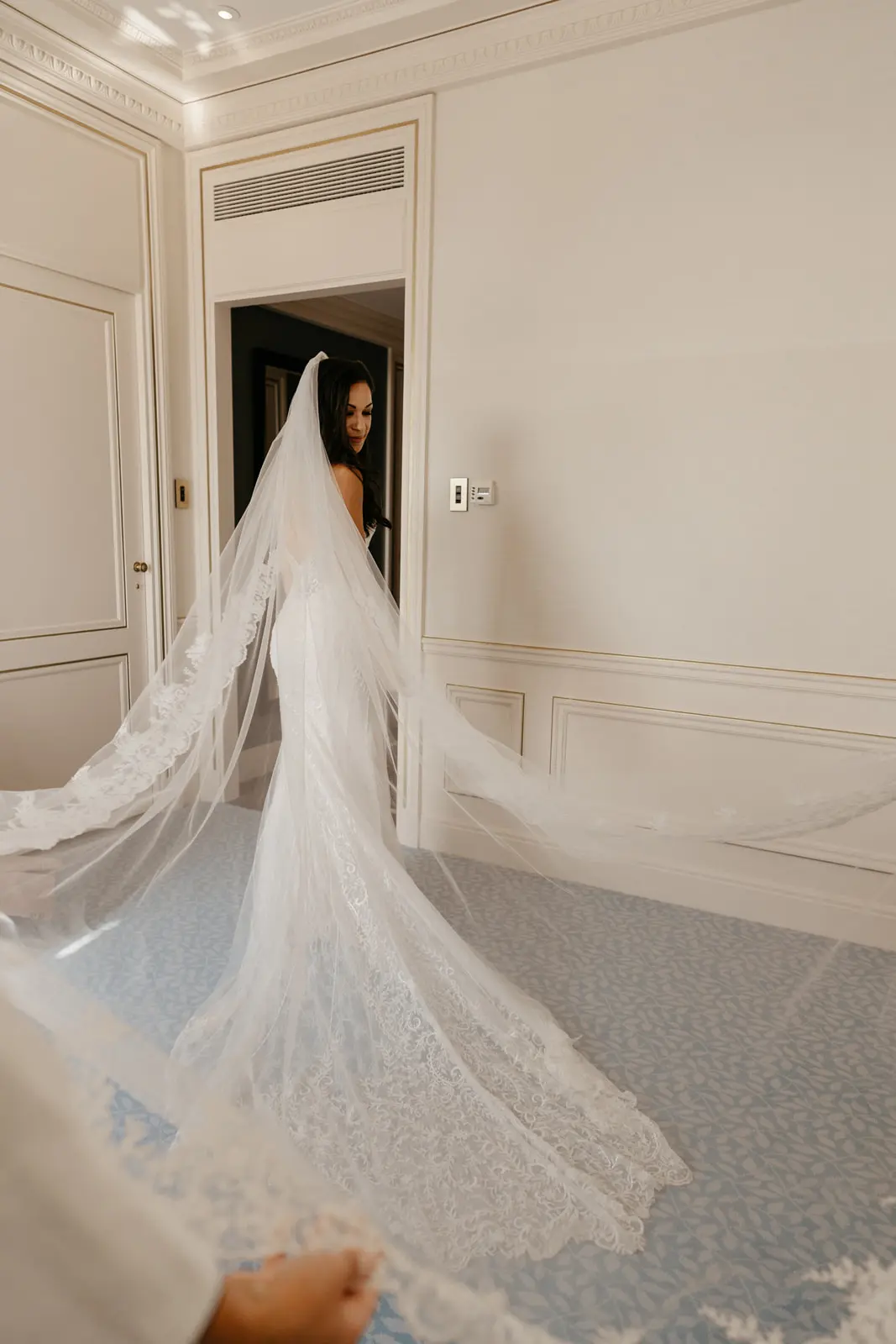 Bride Wearing A Veil With Beaded Lace Sheath Bridal Gown Called Barrett By Sottero And Midgley