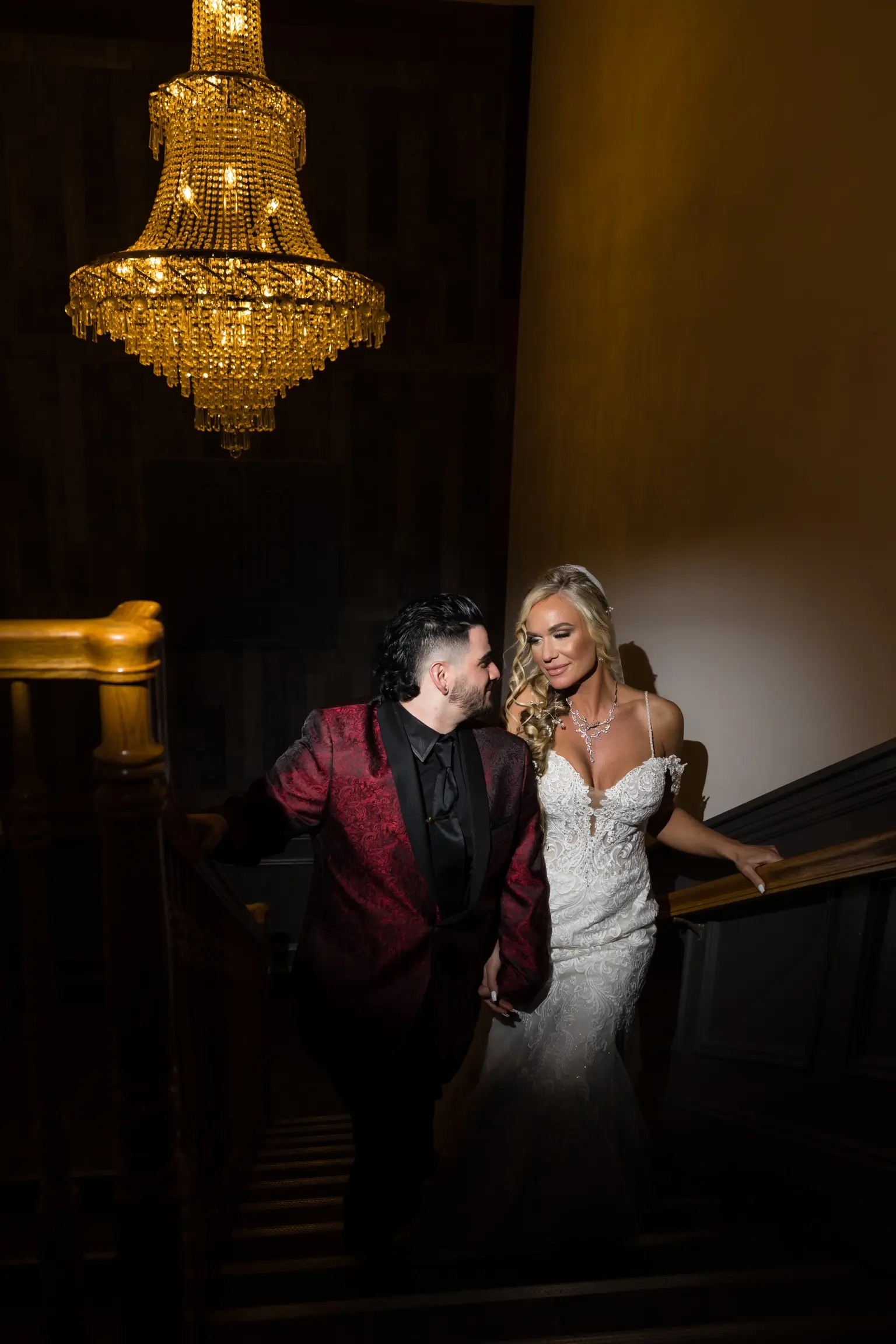 Bride In Lace Off The Shoulder Wedding Dresses Called Fiona By Maggie Sottero With Groom