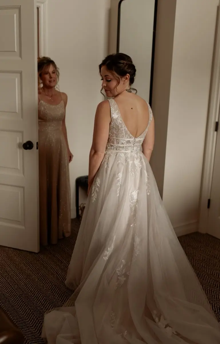 Real Bride in Lace A-Line Bridal Dress Called Raelynn by Rebecca Ingram