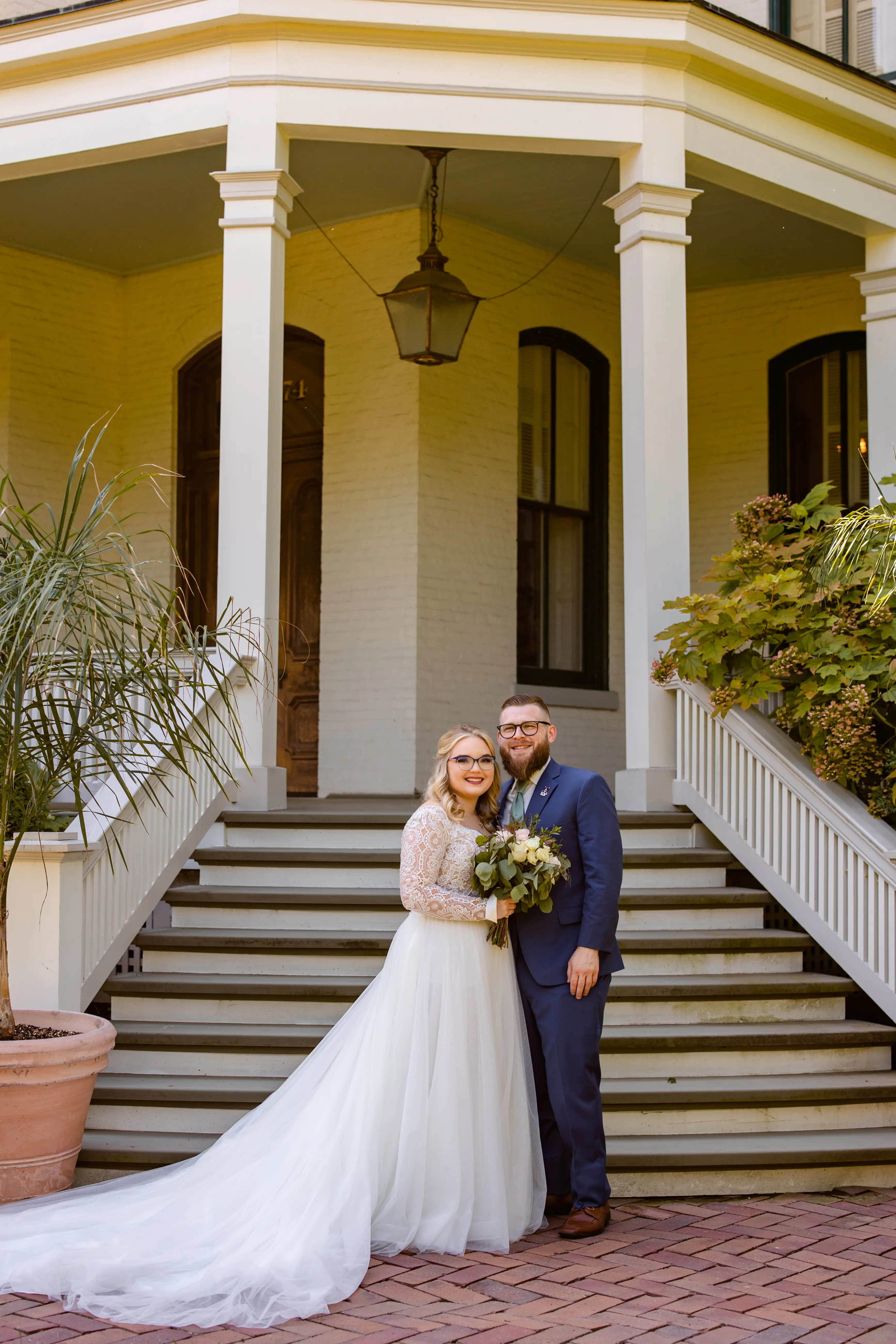 Bride In Plunging Lace Illusion Neckline Called Mallory Dawn By Maggie Sottero With Groom
