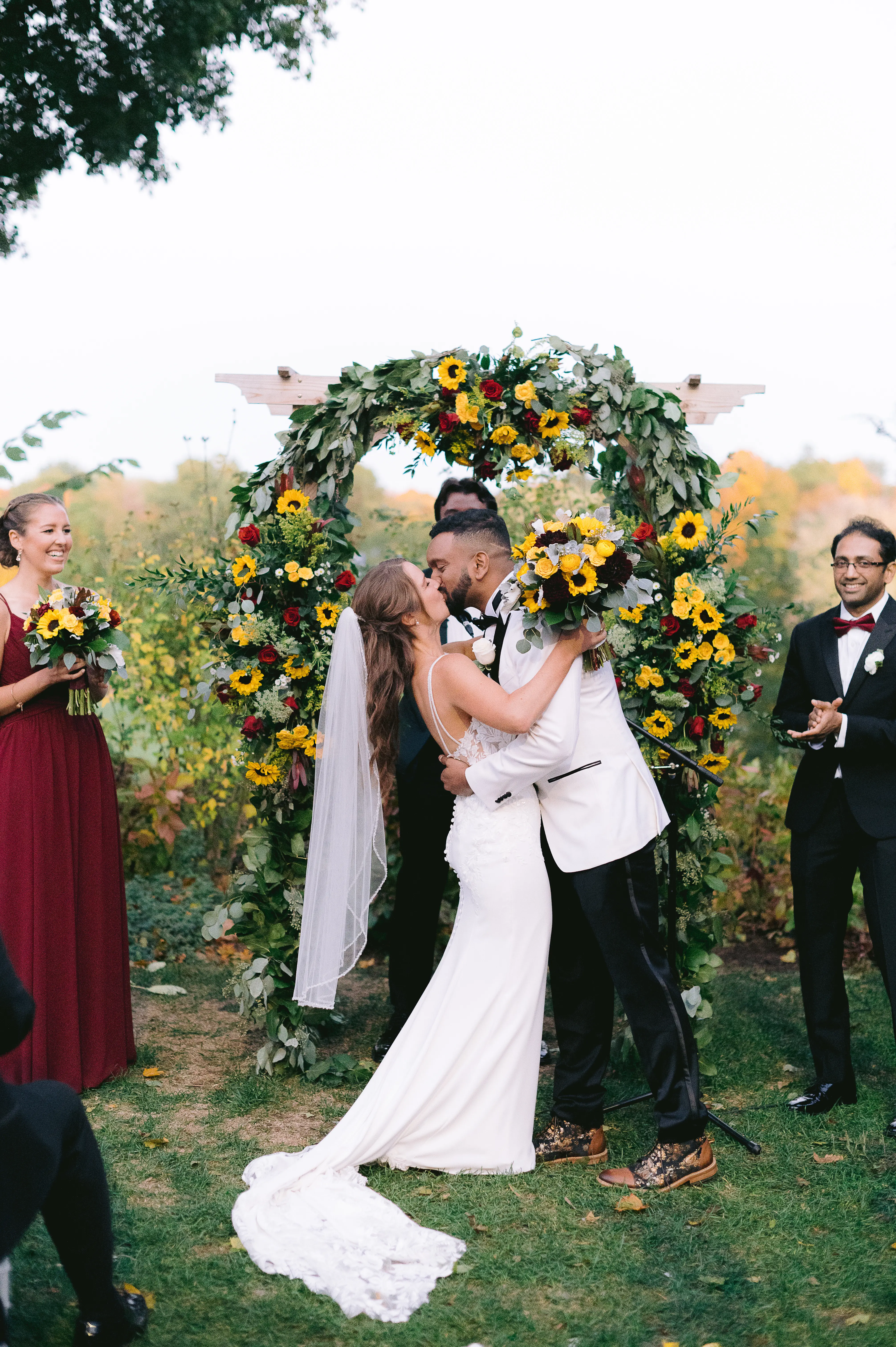 Real Bride in Backless Crepe Wedding Gown with Lace Motifs over a Talin Stretch Crepe Called Baxley by Maggie Sottero