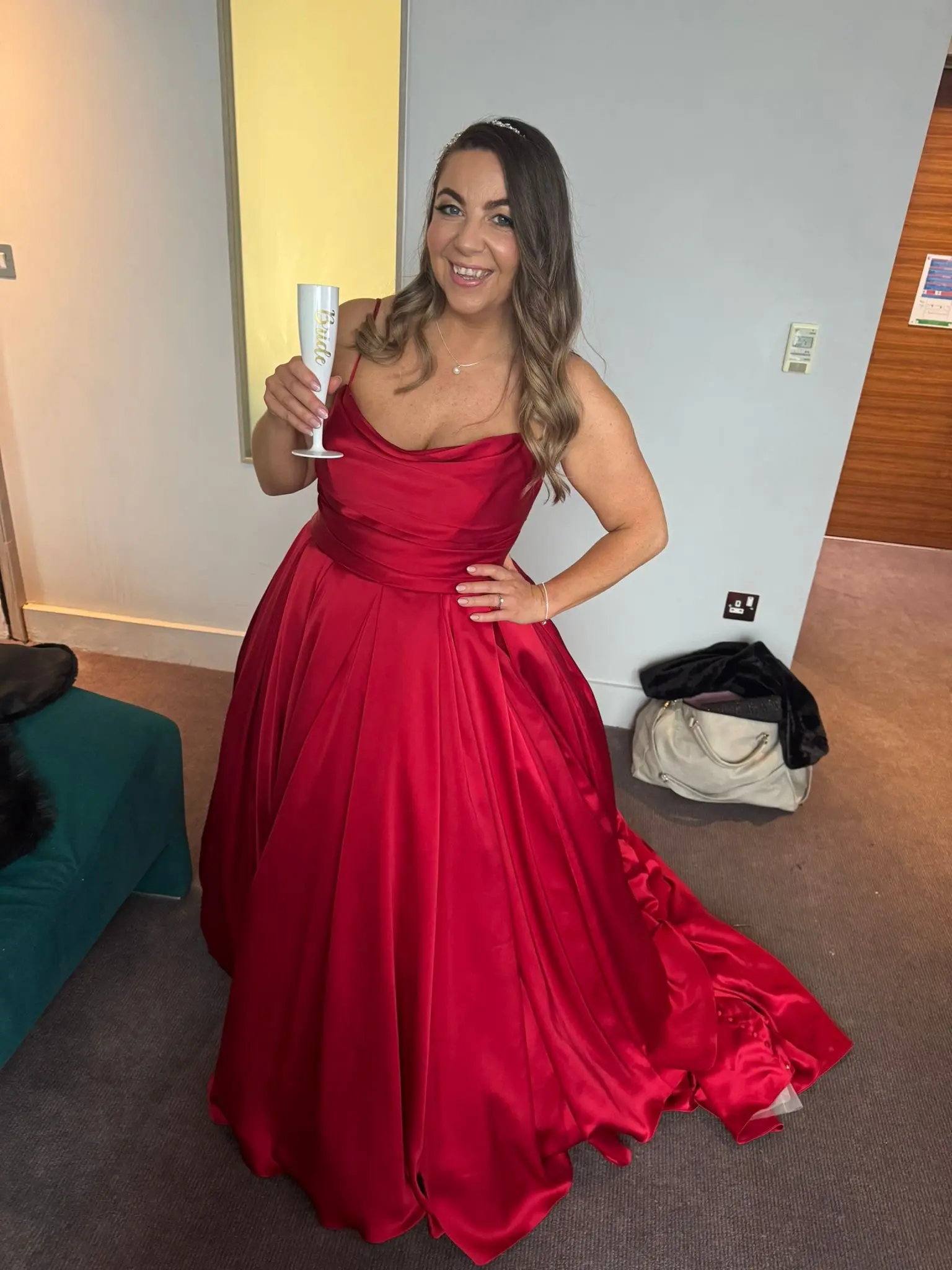 Bride Wearing Red Aline Wedding Dress Called Scarlet By Maggie Sottero