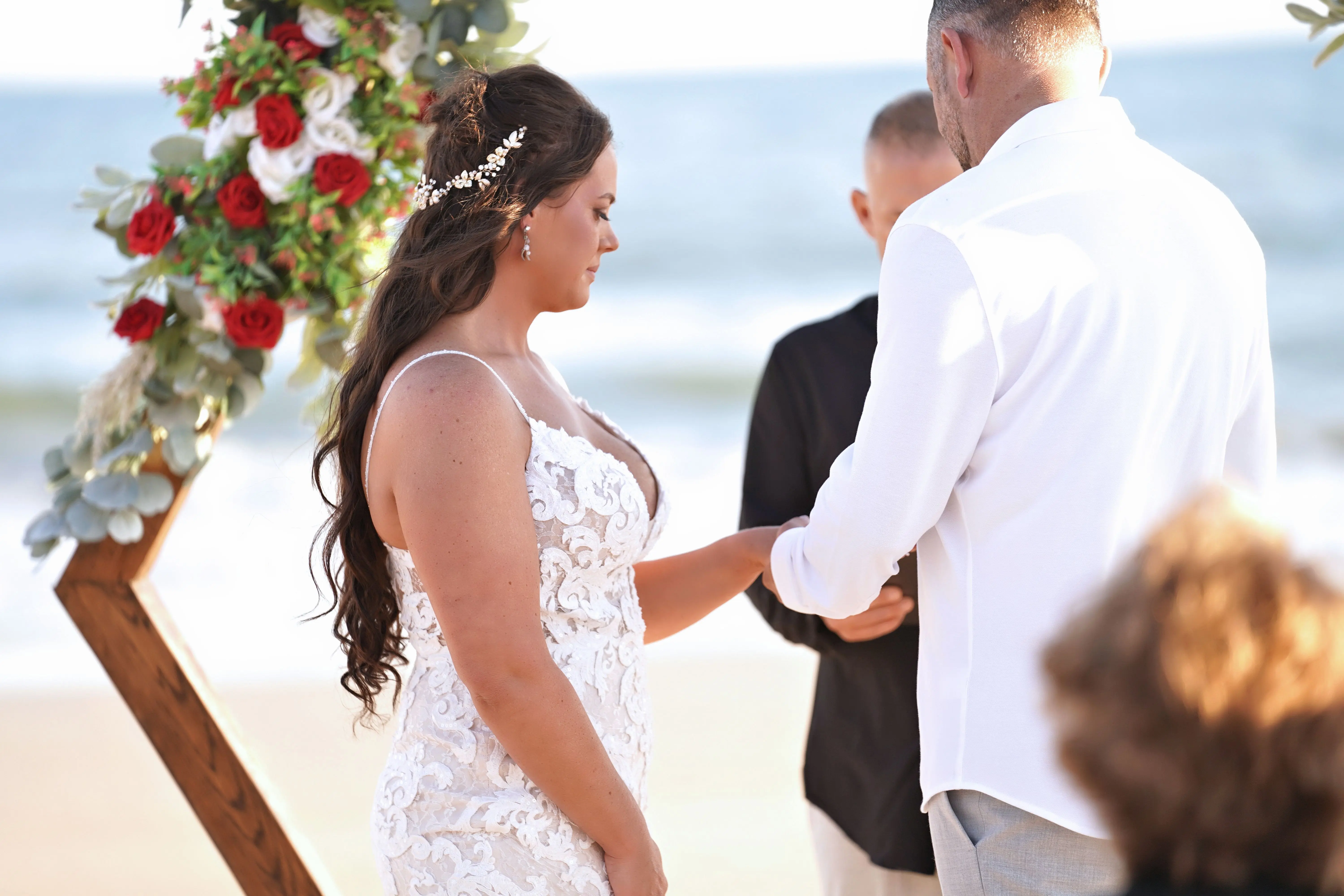 Groom With Bride Wearing Lace Sheath Wedding Gown Tuscany Lynette By Maggie Sottero