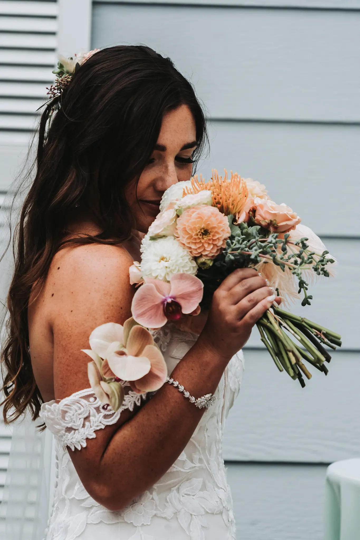 Bride Wearing Mermaid Wedding Dress With Oversized Lace Hattie By Rebecca Ingram