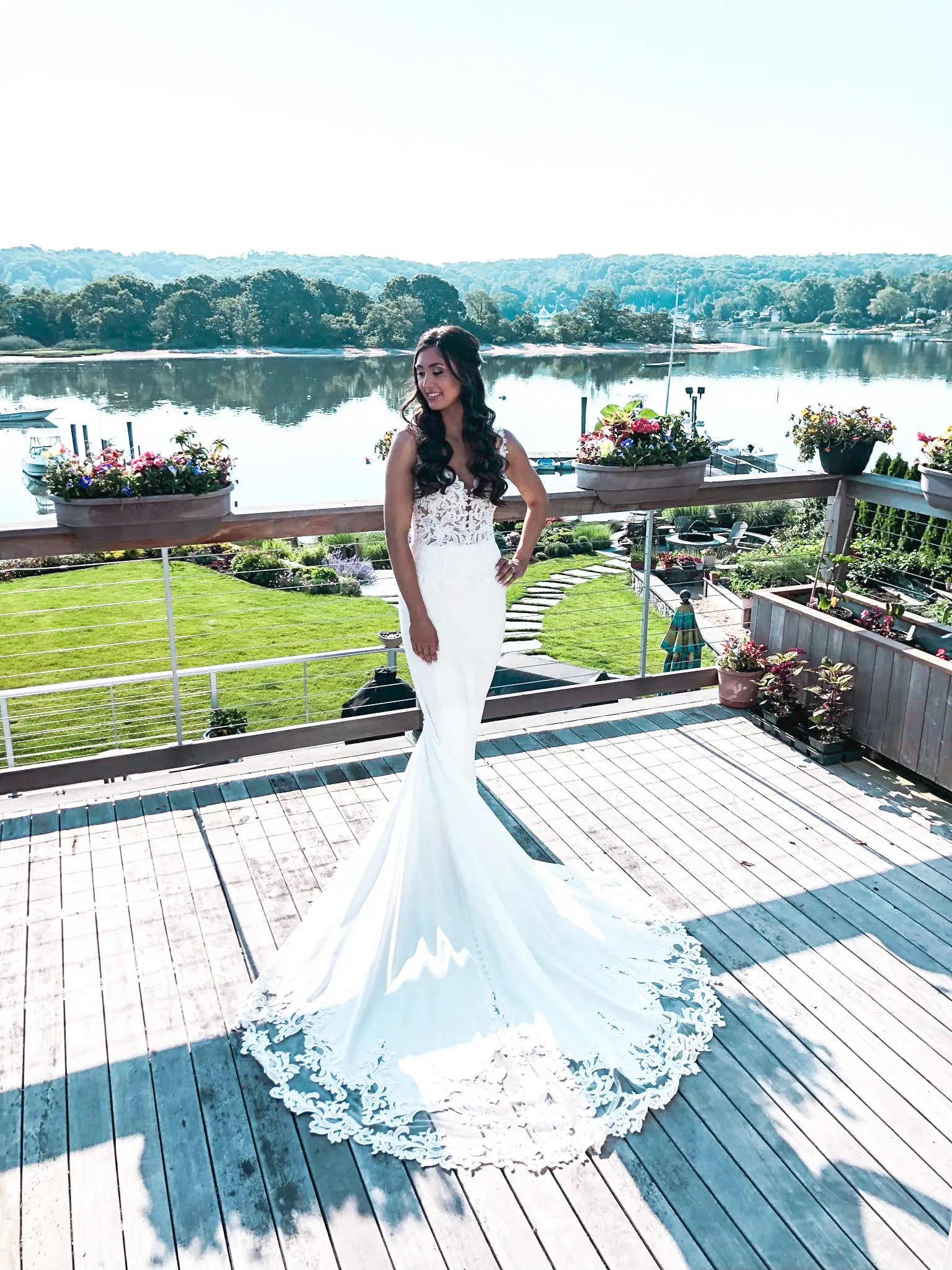 bride in lace crepe sheath wedding dress