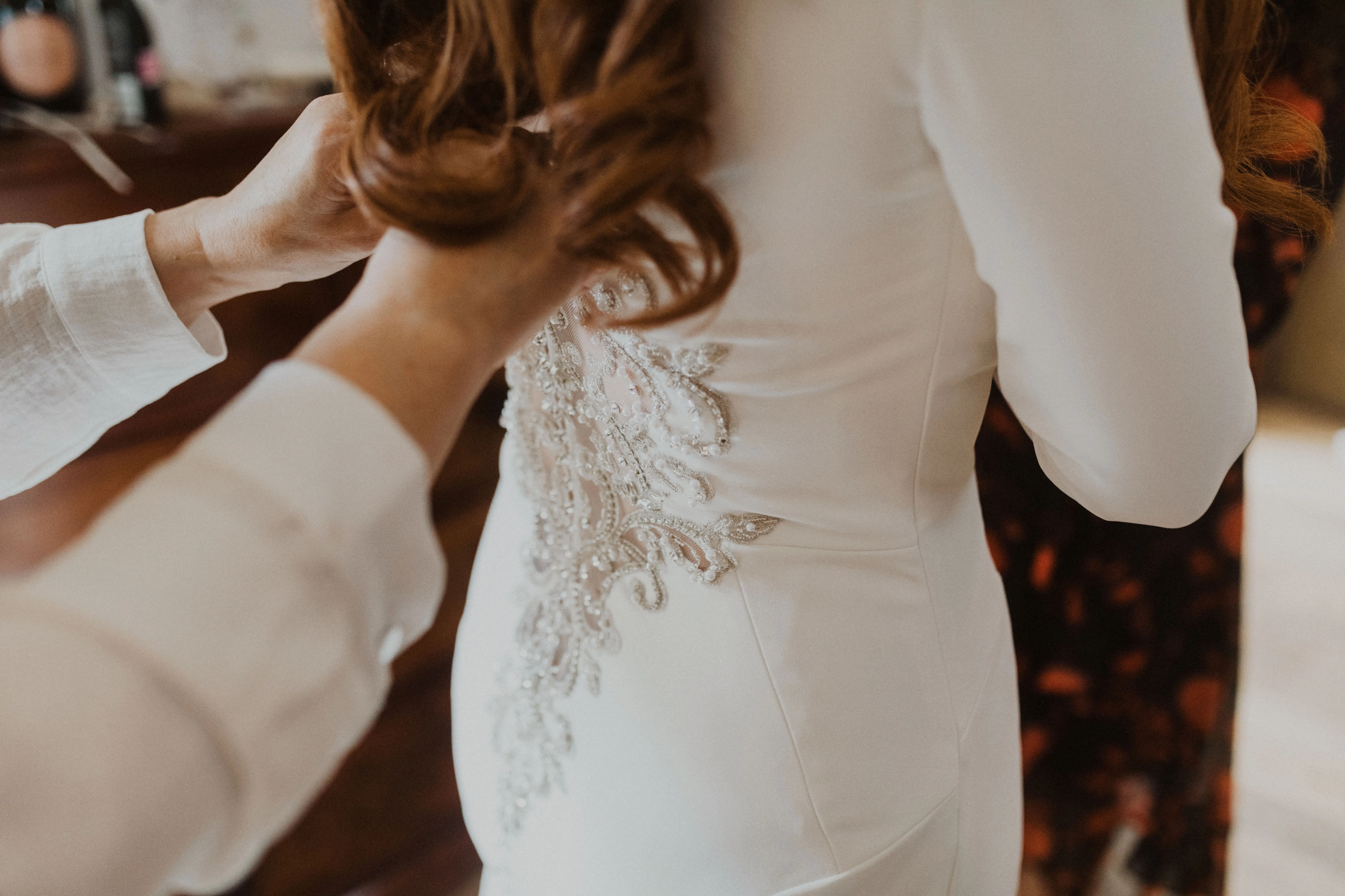 Bride Wearing Crepe Fit And Flare Wedding Dress Aston By Sottero And Midgley