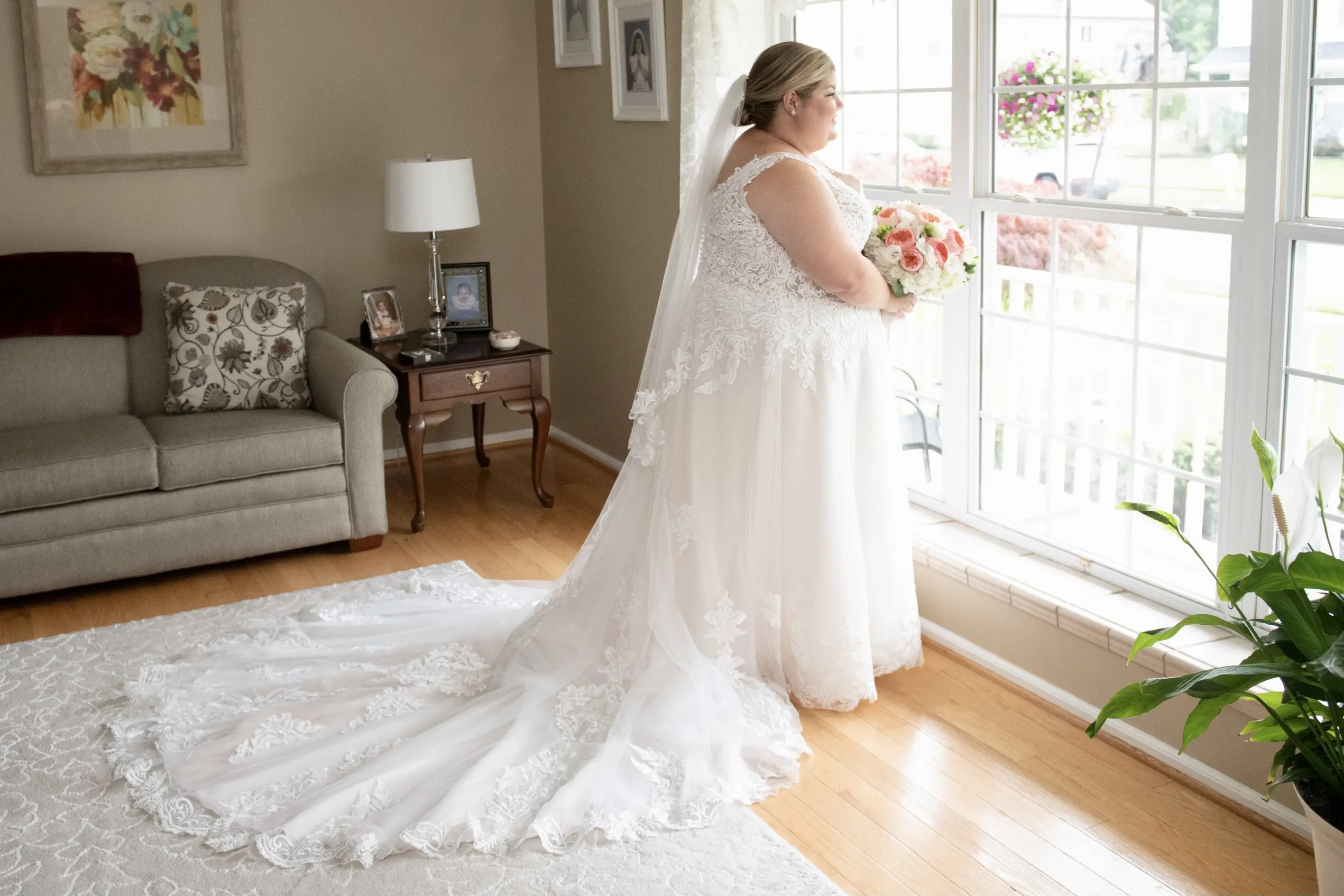 Bride wearing Lace A-line Wedding Dress called Trinity Lynette by Maggie Sottero