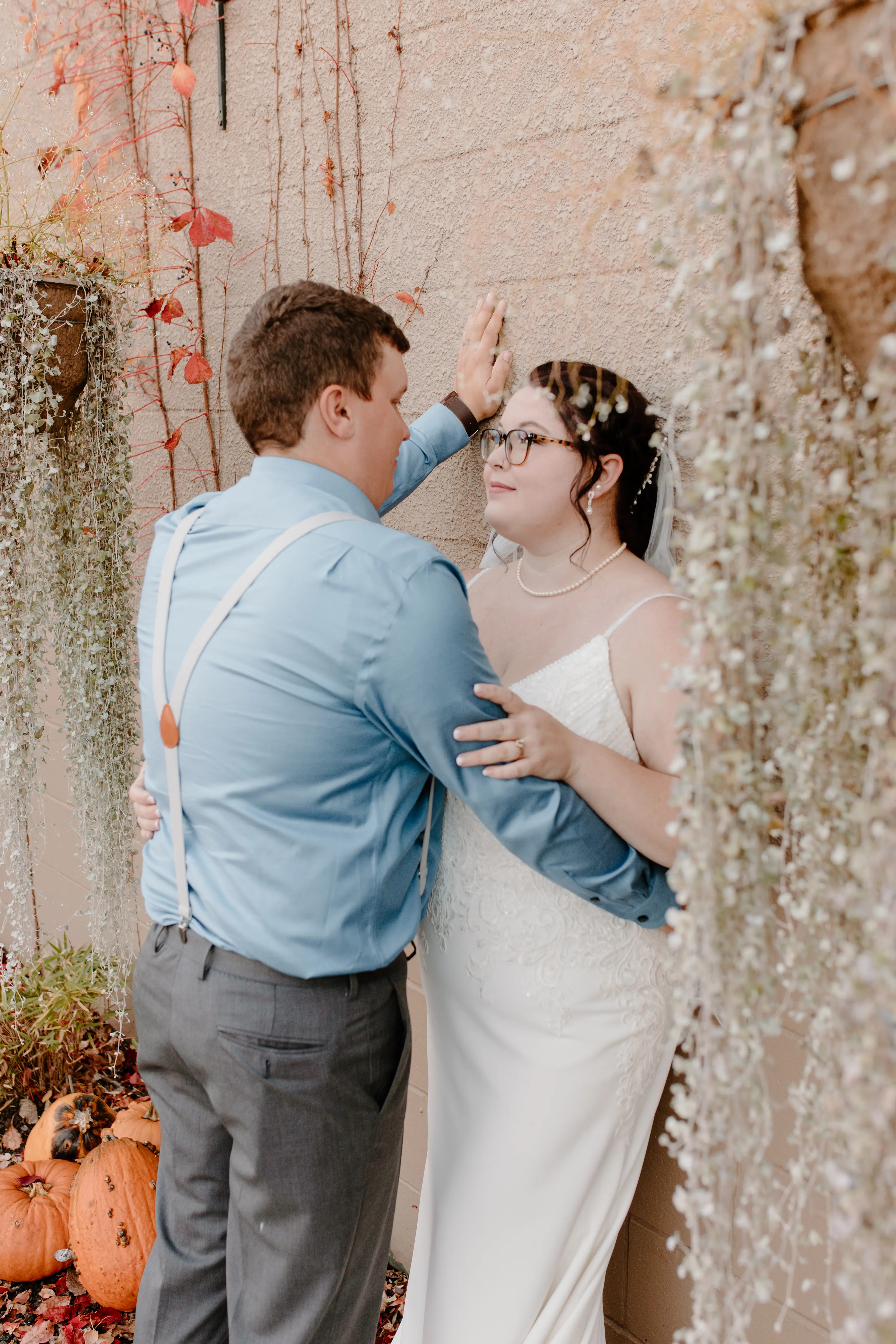 Groom With Bride Wearing Cold Shoulder Crepe Wedding Dress Bracken Lynette By Sottero And Midgley