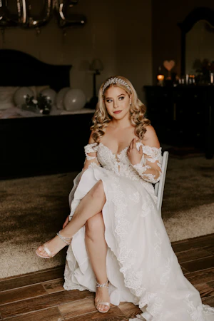Real Bride in Sparkly Lace Fit-and-Flare Wedding Gown with Off-the-Shoulder Sleeves Called Fiona by Maggie Sottero