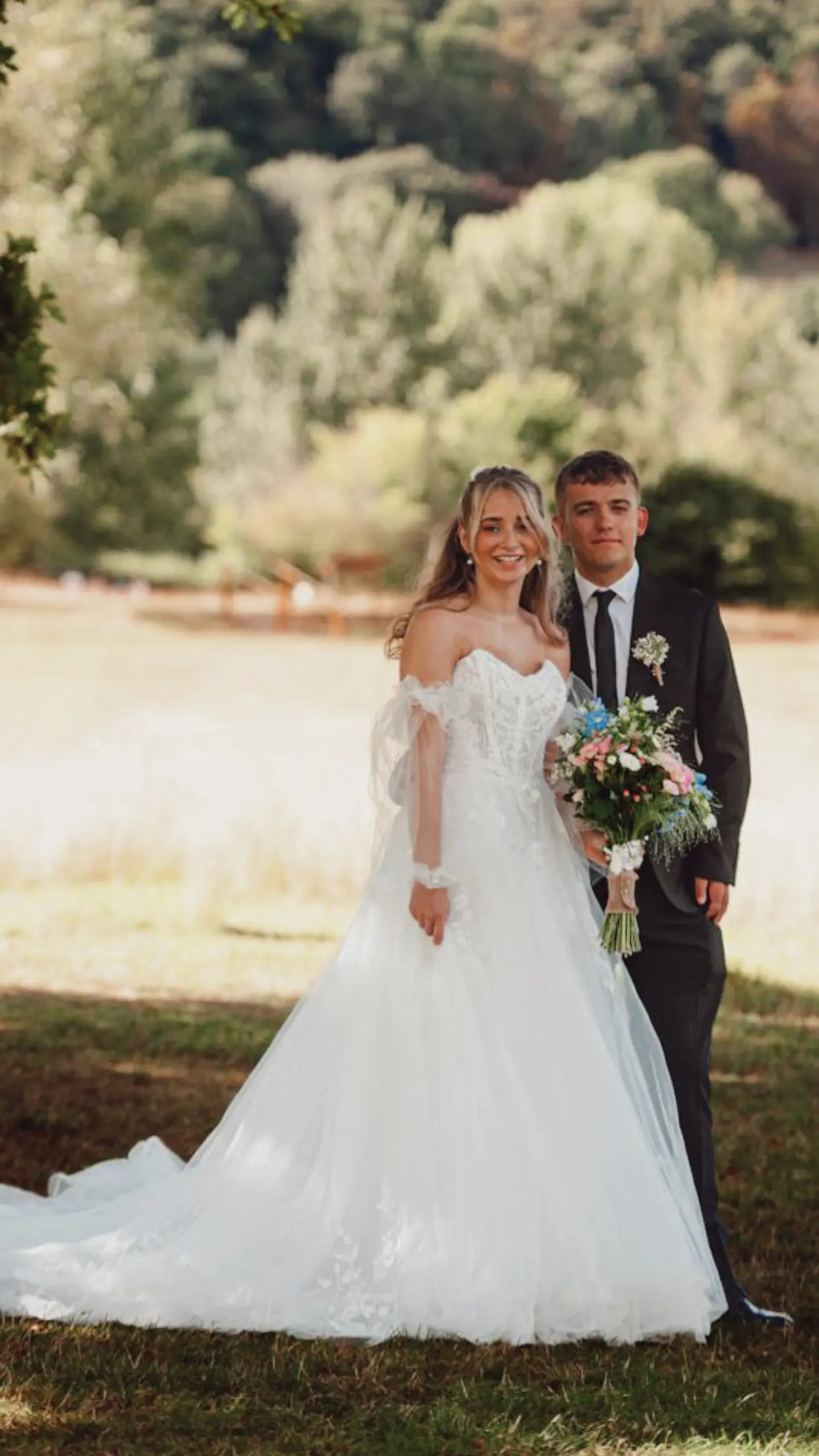 Groom with Real Bride in V-Back and Corset Detail Wedding Dress Named Harlem by Maggie Sottero