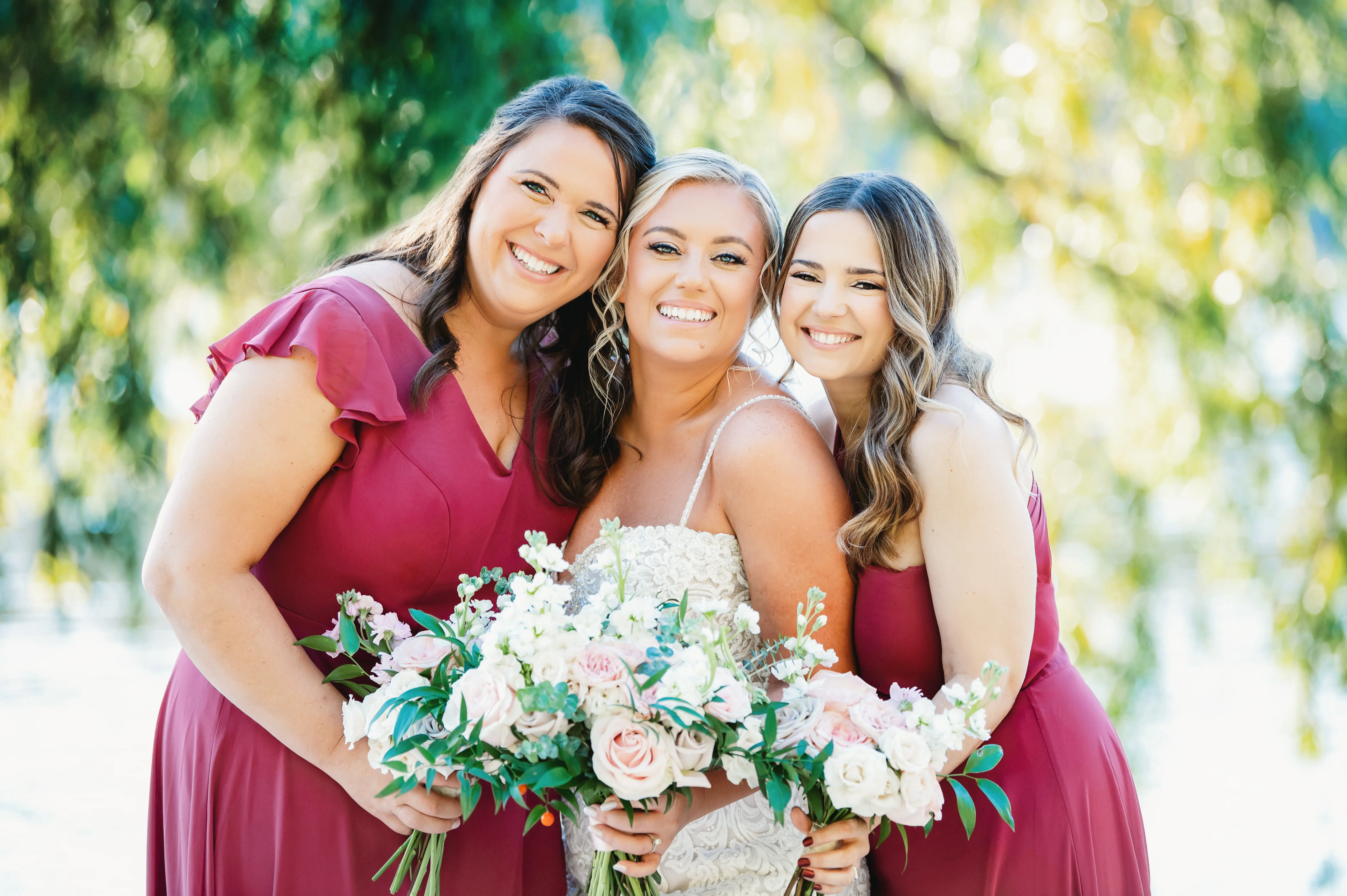 Bride In Spaghetti Straps Sparkle Straps Fiona Maggie Sottero With Bridesmaids In Red