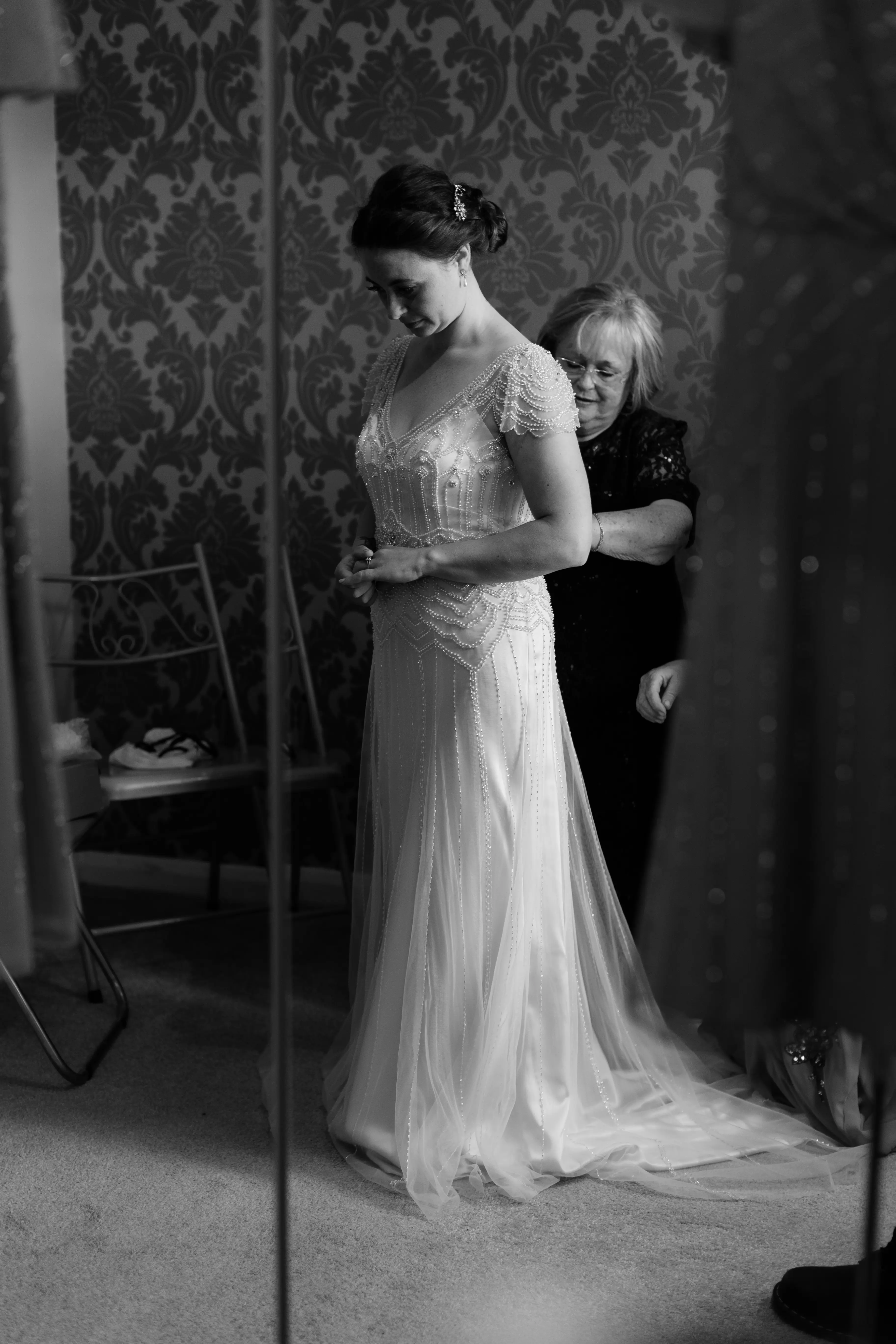 Bride Wearing Ivory Satin Sheath Wedding Dress Ettia By Maggie Sottero