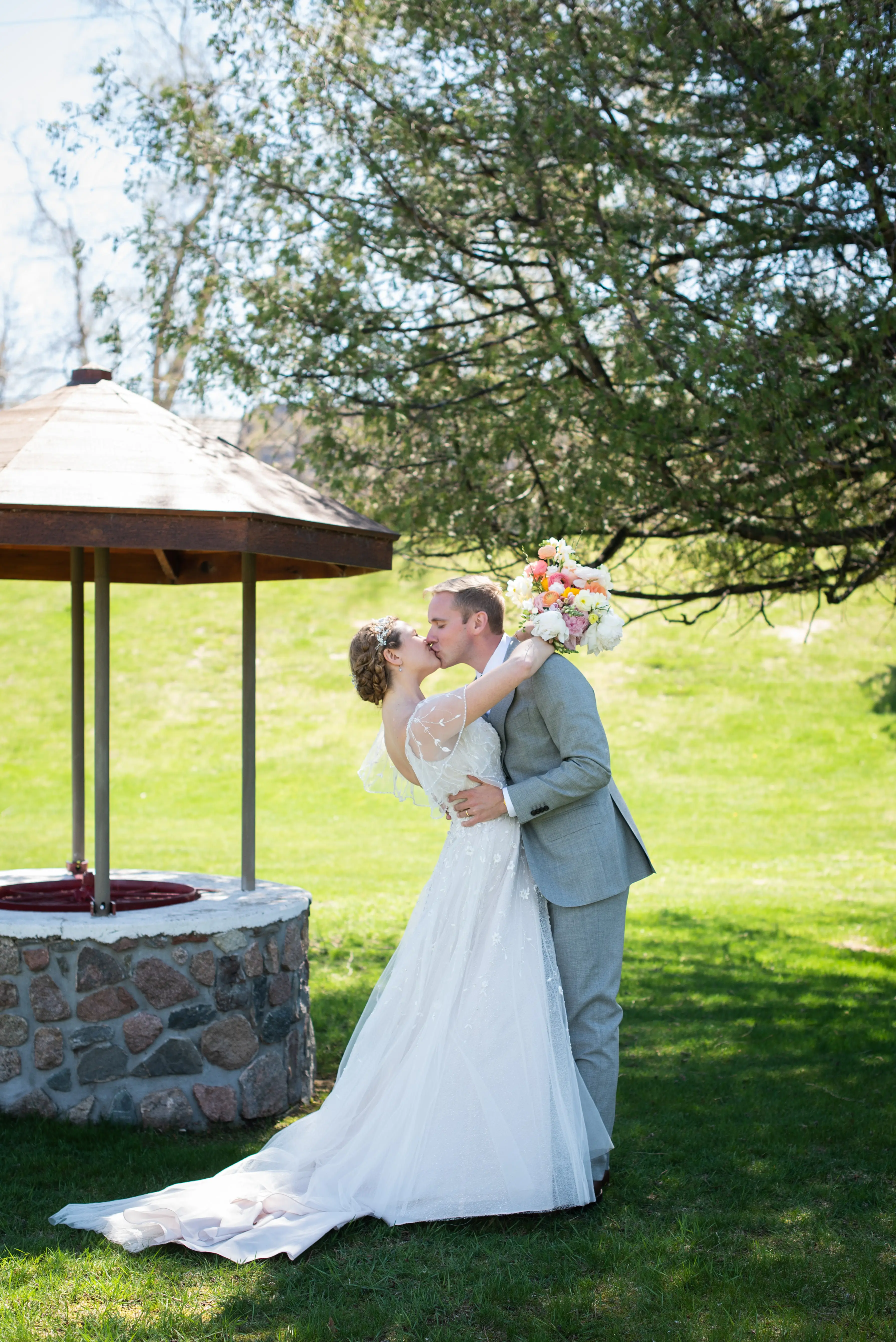 Groom With Bride Wearing Beaded Lace A-Line Wedding Dress With Flutter Sleeves Paige By Maggie Sottero