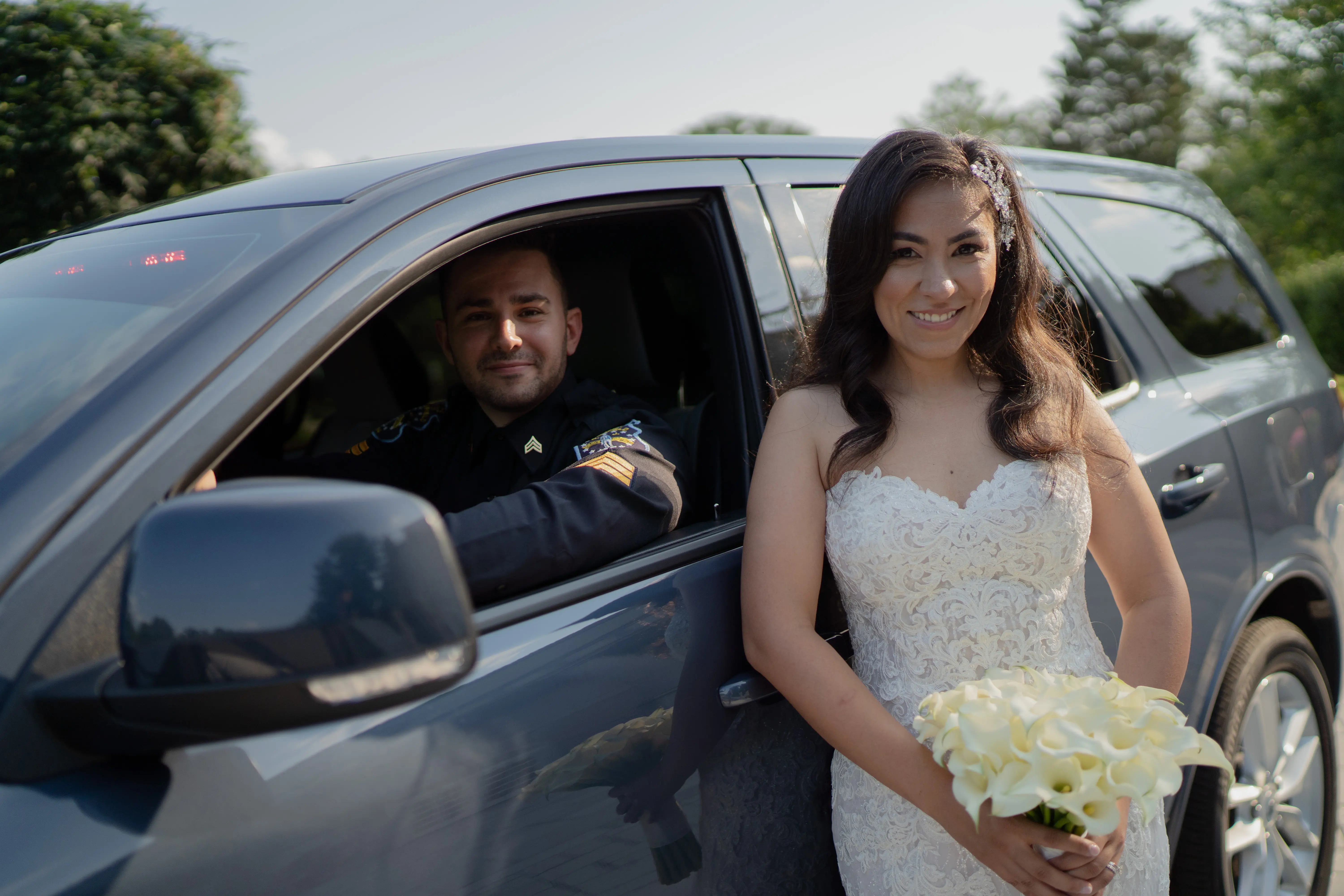 Groom With Bride Wearing Lace Mermaid With Over Skirt Kaysen By Maggie Sottero