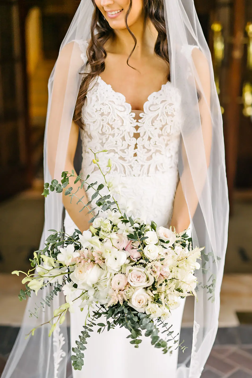 bride in lace crepe sheath wedding dress