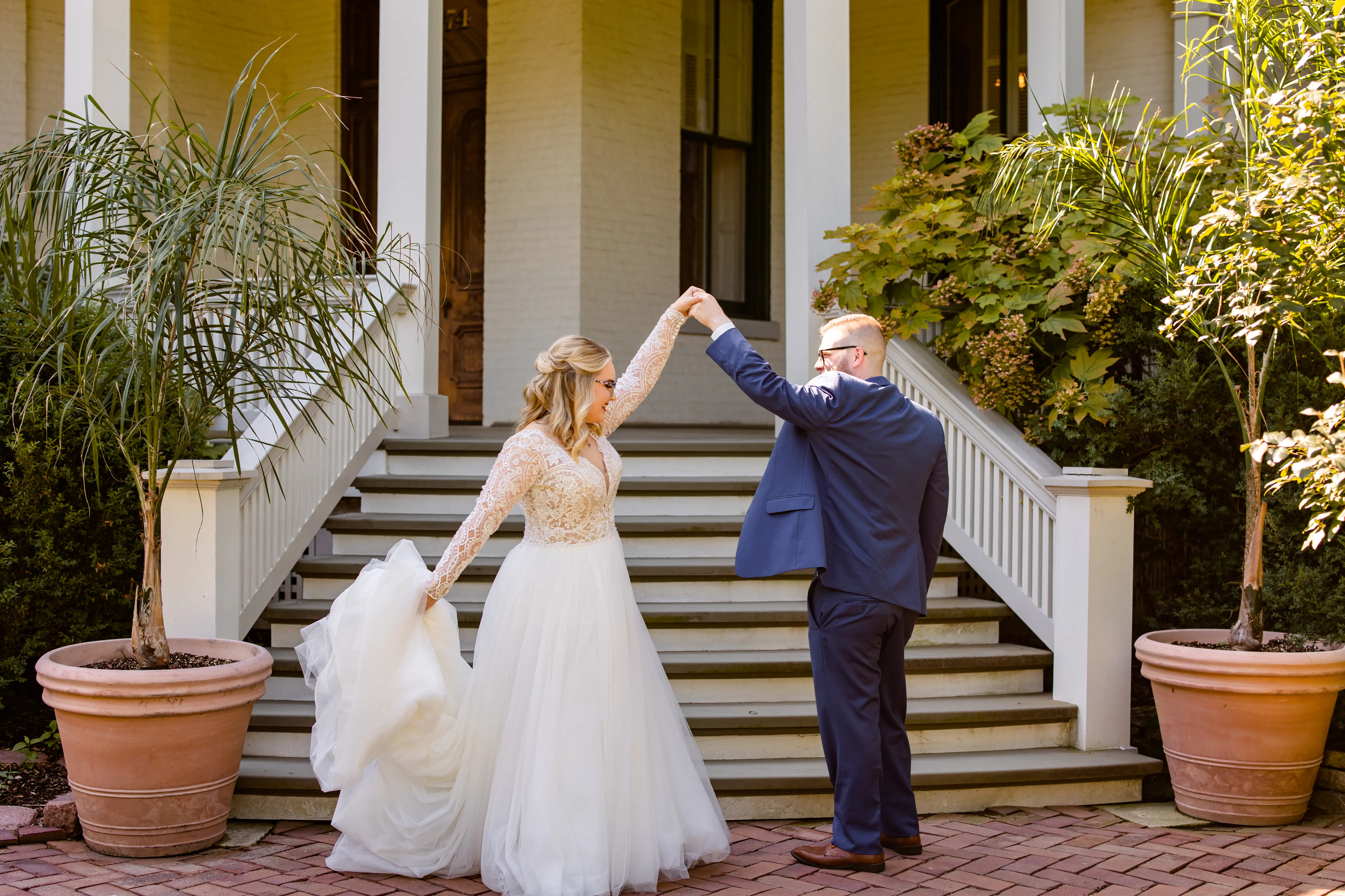 Bride In Plunging Lace Illusion Neckline Called Mallory Dawn By Maggie Sottero With Groom