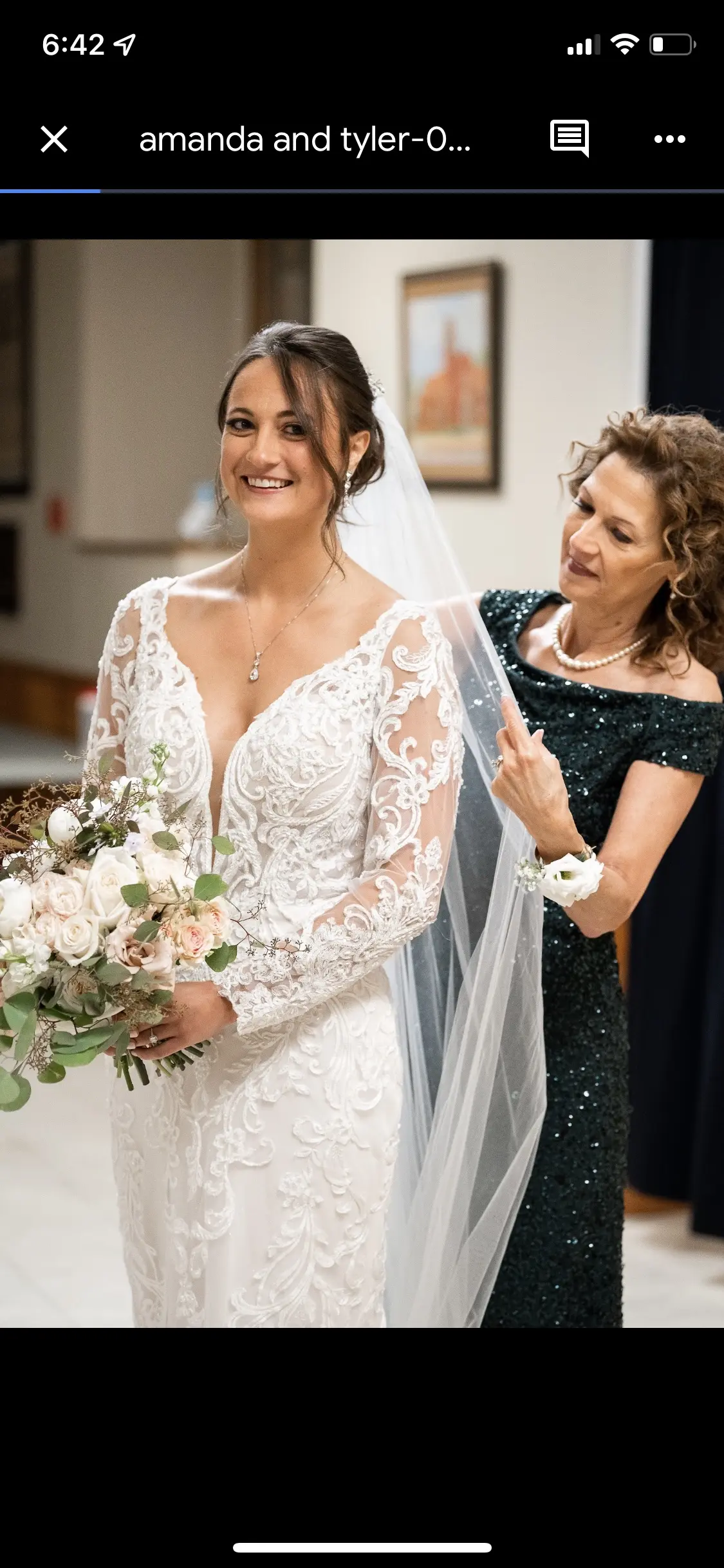 Real Bride in Elegant Lace Sheath Bridal Dress with Beaded Lace Motifs and Scalloped Lace Train Called Hamilton by Sottero & Midgley