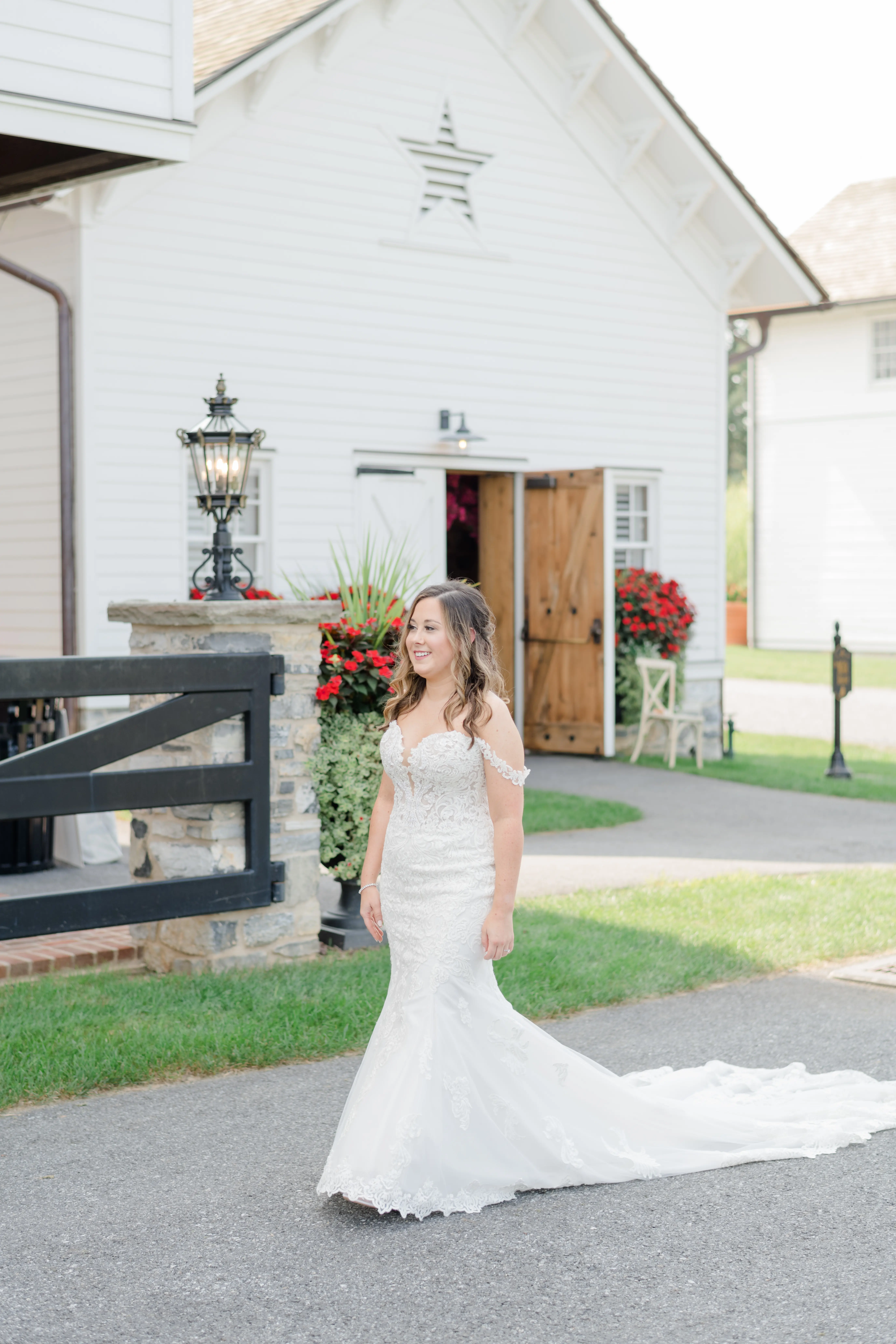 Real bride's sparkly lace fit-and-flare bridal dress with plunging illusion sweetheart neckline called Fiona by Maggie Sottero