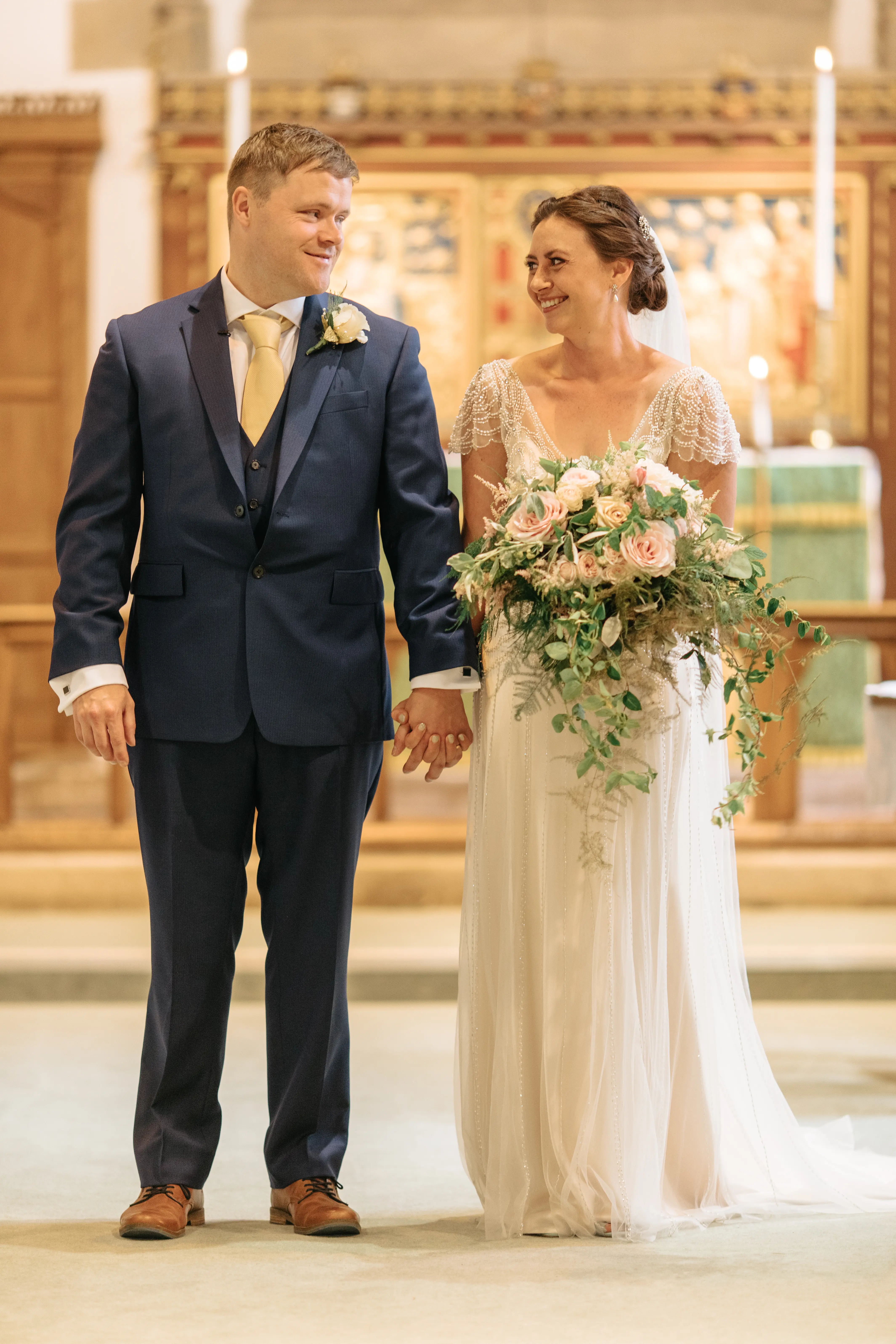 Groom With Bride Wearing Ivory Satin Sheath Wedding Dress Ettia By Maggie Sottero