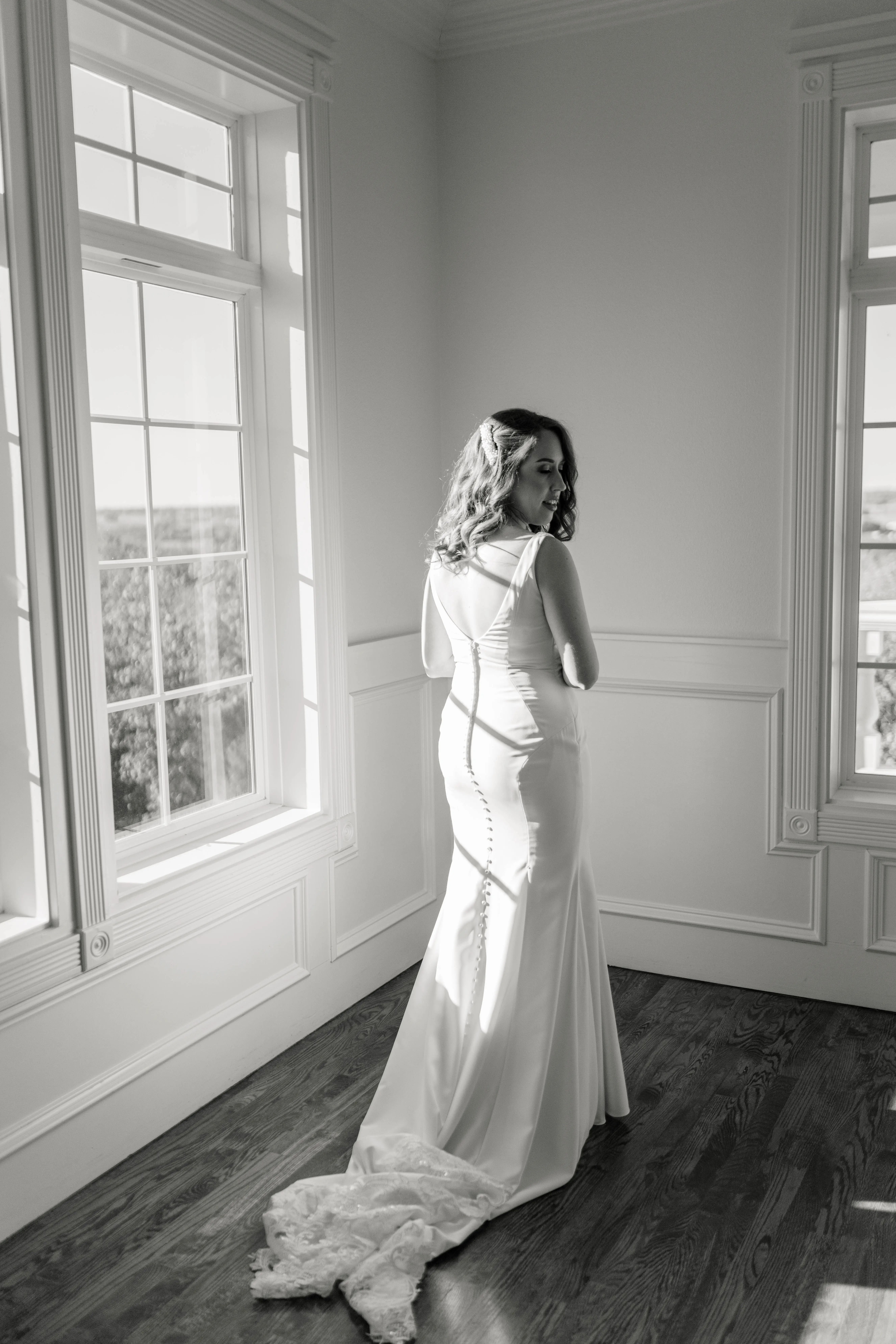 Bride Wearing Classic Sheath Wedding Dress Alice By Rebecca Ingram