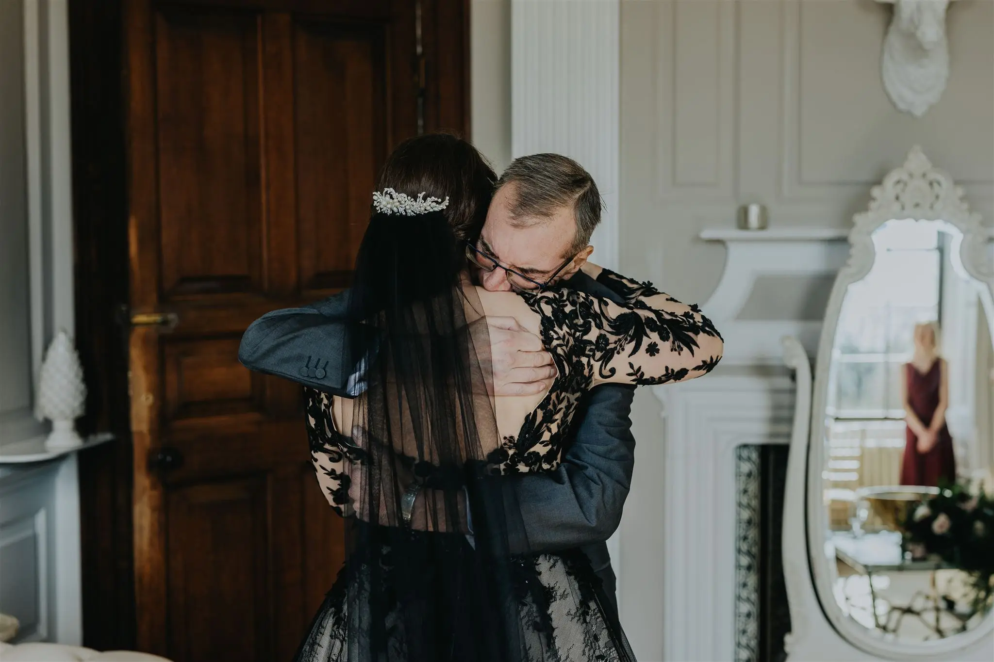 Real Bride in Chic Black Ball Gown Wedding Dress with Contrasting Layers of Tulle and Lace Called Zander by Sottero & Midgley