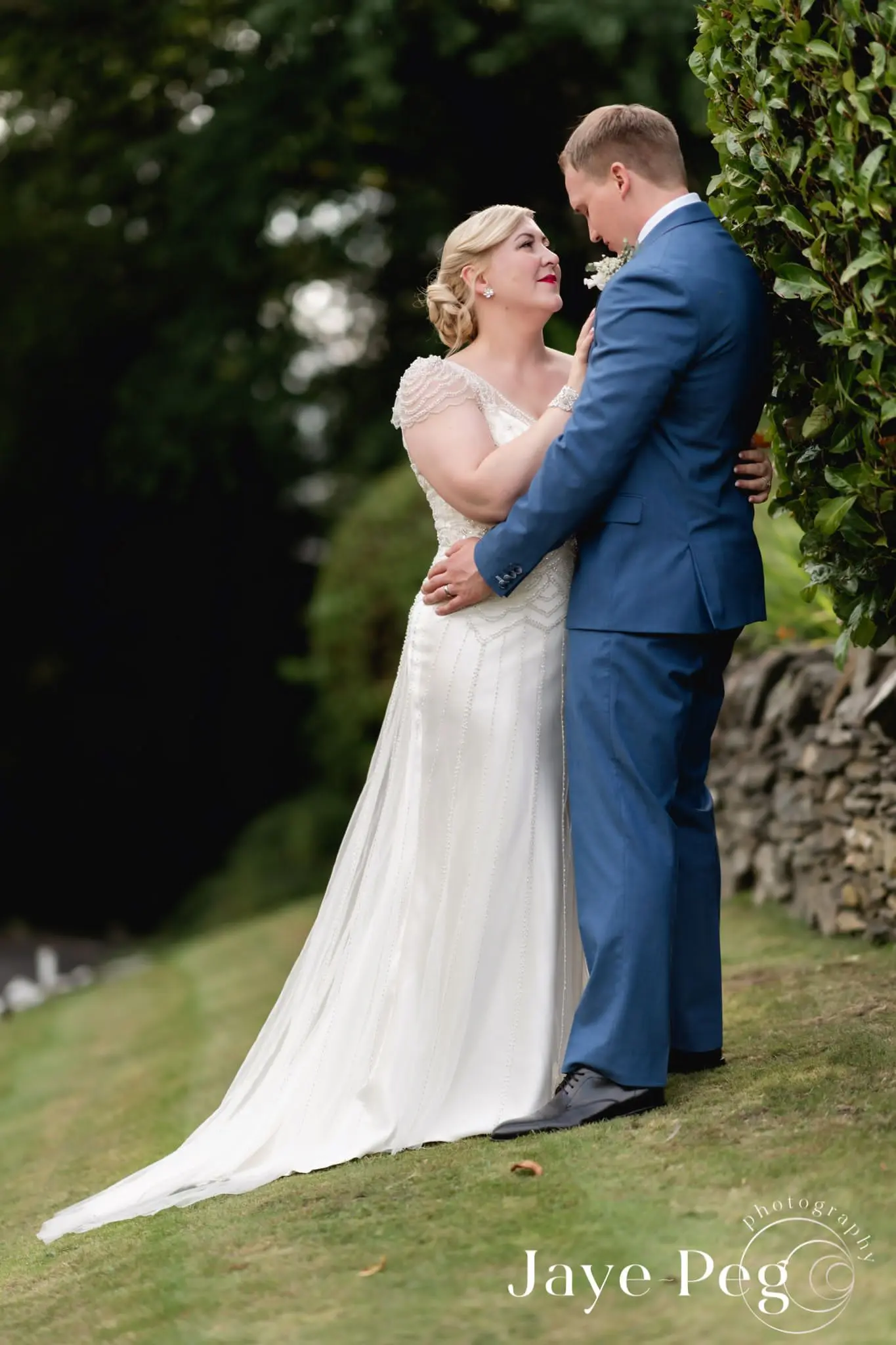 Groom With Bride Wearing Vintage Style Satin Sheath Wedding Dress Ettia By Maggie Sottero