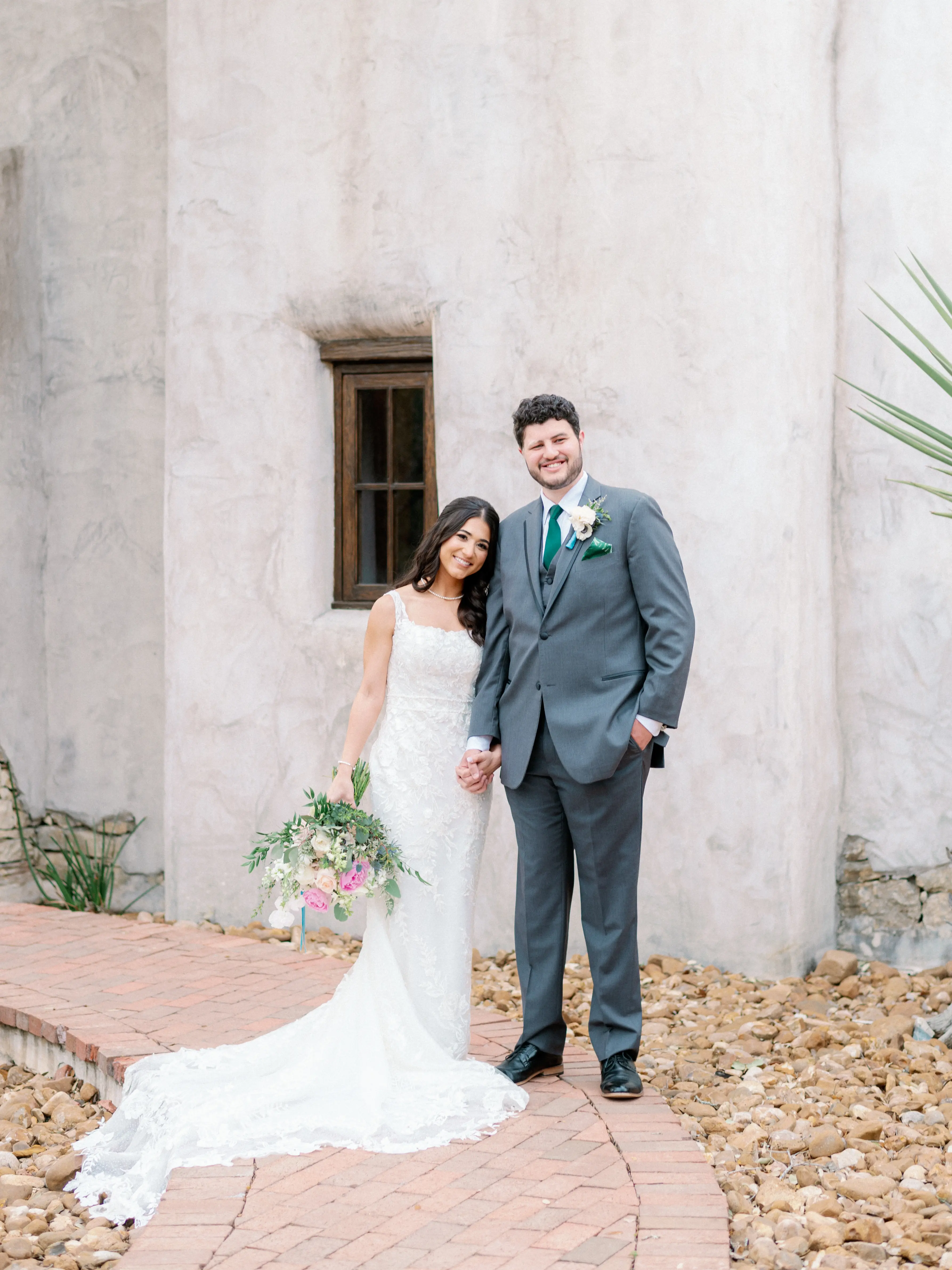 Bride In Lace Square Neck Wedding Dress Called Albany By Maggie Sottero With Groom