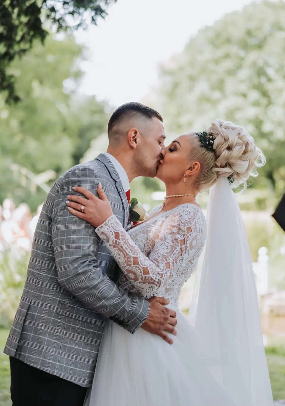 Groom With Bride Wearing Elegant Long Sleeved Ball Gown Mallory Dawn By Maggie Sottero