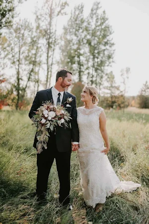 Groom With Bride Wearing Lace Wedding Dress With Illusion Back Verina Marie By Maggie Sottero