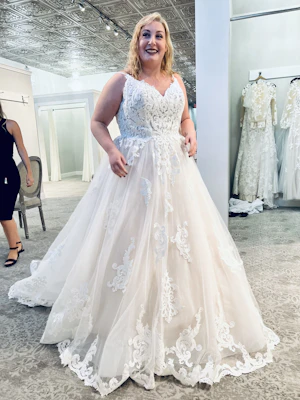 Real Bride in her "Say Yes to the Dress Moment" in Sparkly Classic Bridal Dress with Royal-Inspired Lace called Florence by Maggie Sottero