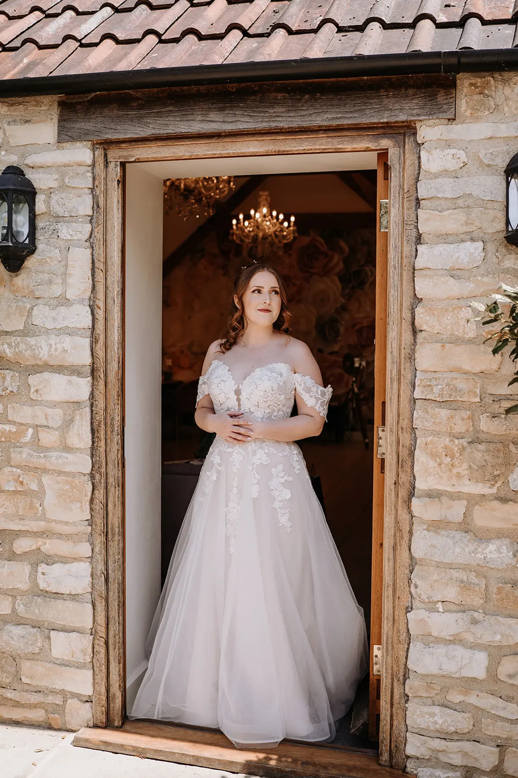 Bride Wearing Cold Shoulder Princess Wedding Dress Stevie By Maggie Sottero