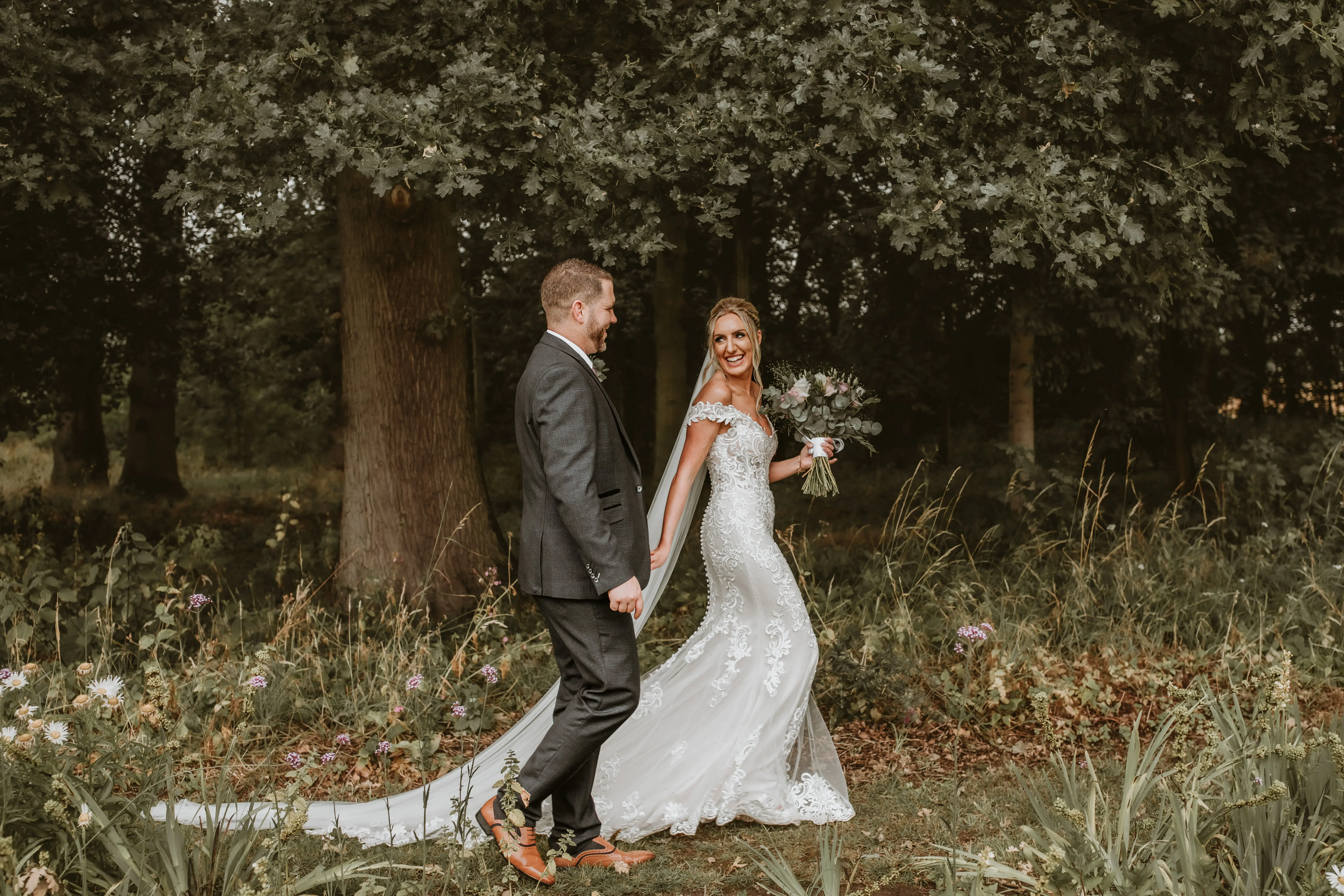 Bride In Illusion Train Edison Maggie Sottero With Groom