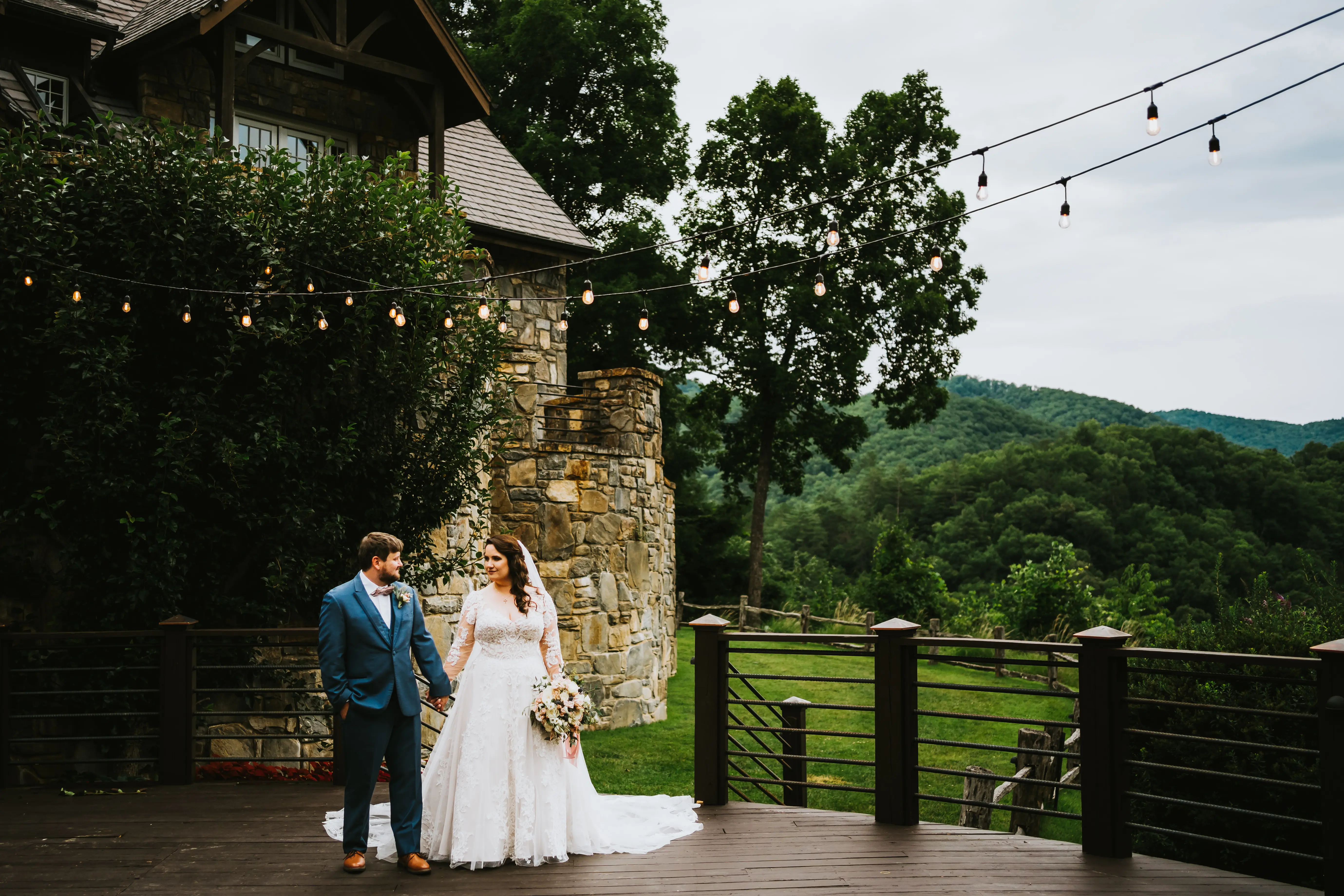 Bride Wearing Shimmery Princess Bridal Gown Called Tiffany By Maggie Sottero Outdoors With Groom In Mountain Venue