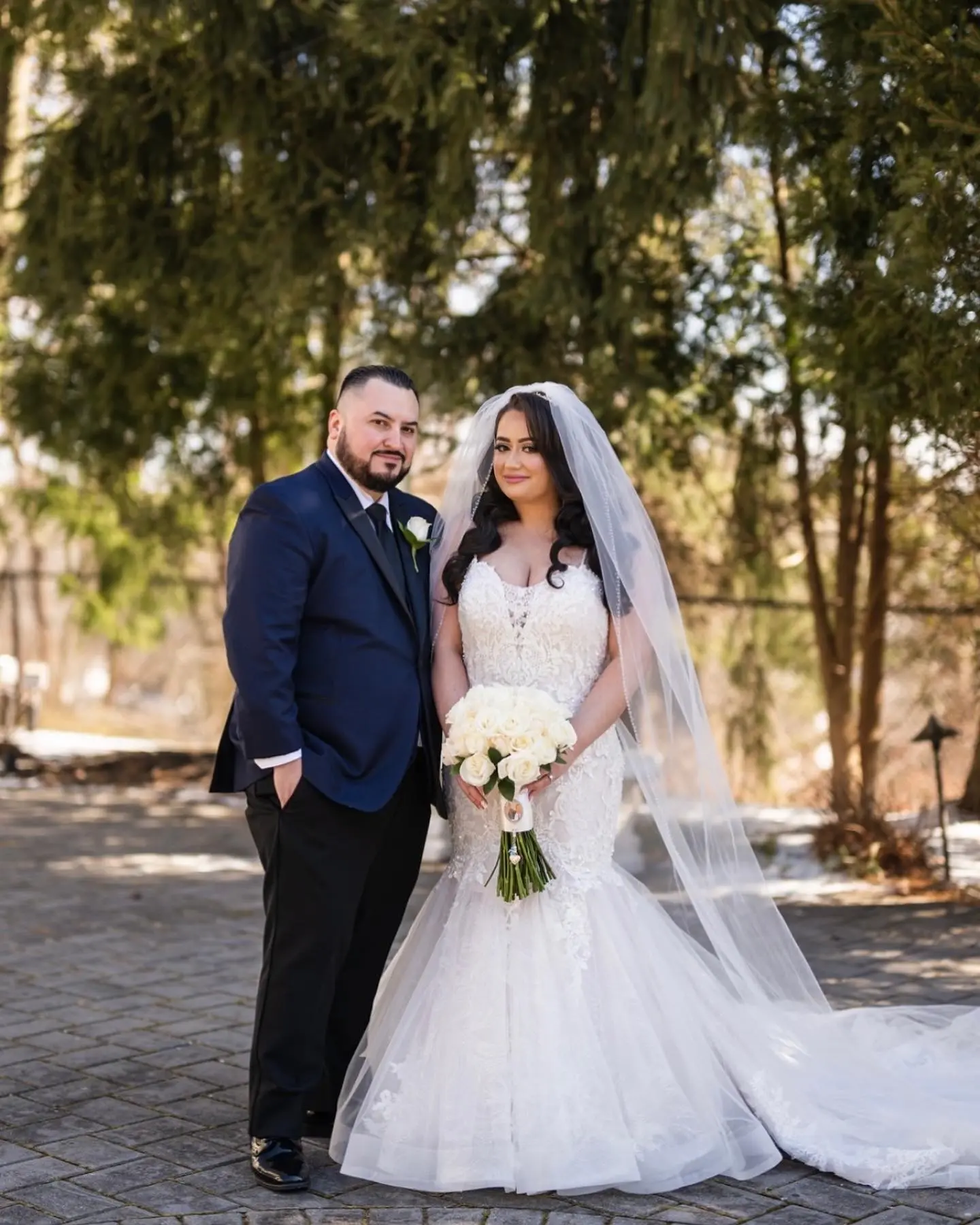 Groom Posing With Bride In Glamorous Glitter Tulle and Lace Mermaid Wedding Dress Called Lonnie Lynette By Maggie Sottero