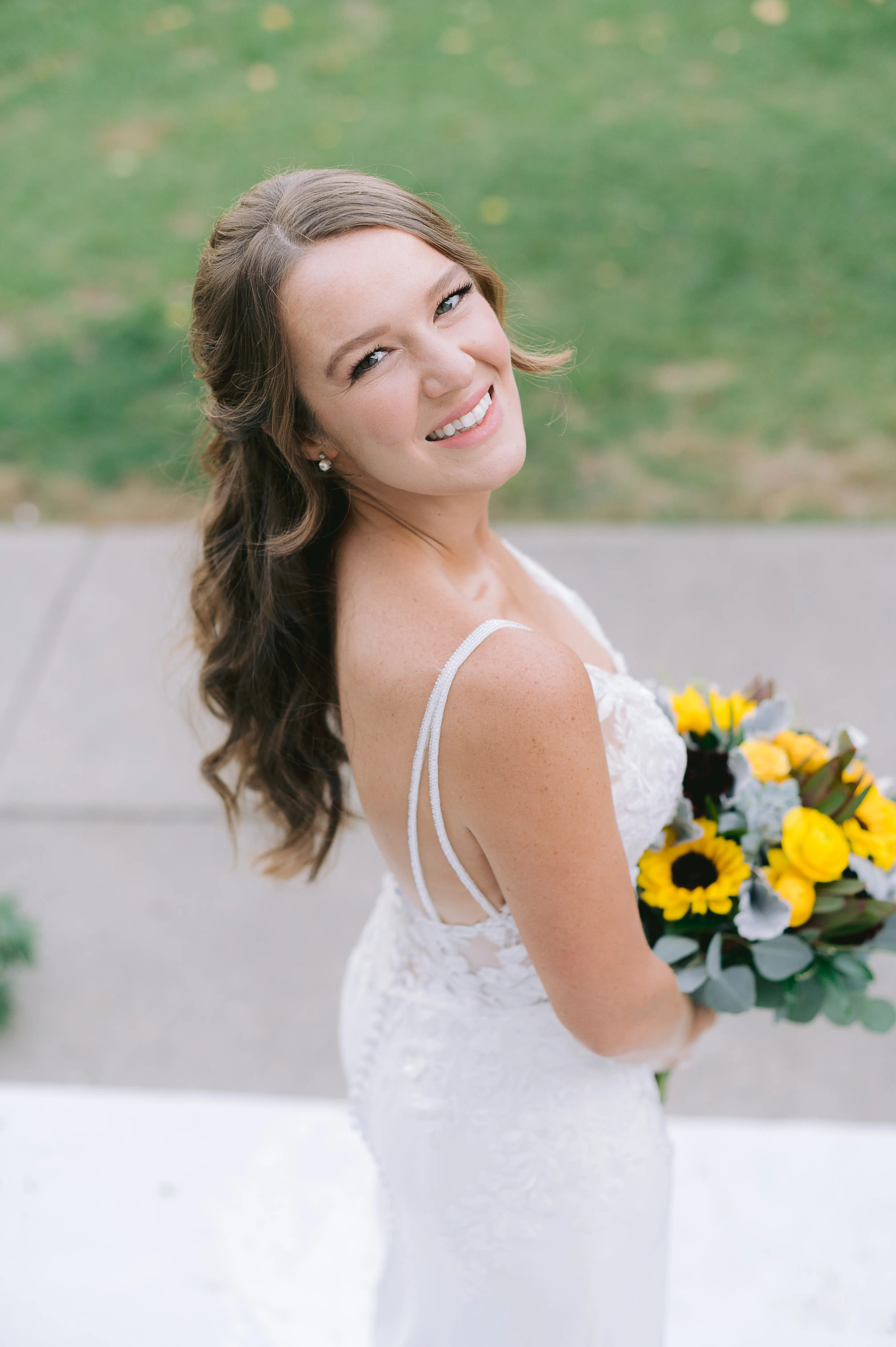 Real Bride in Backless Crepe Wedding Gown with Lace Motifs over a Talin Stretch Crepe Called Baxley by Maggie Sottero