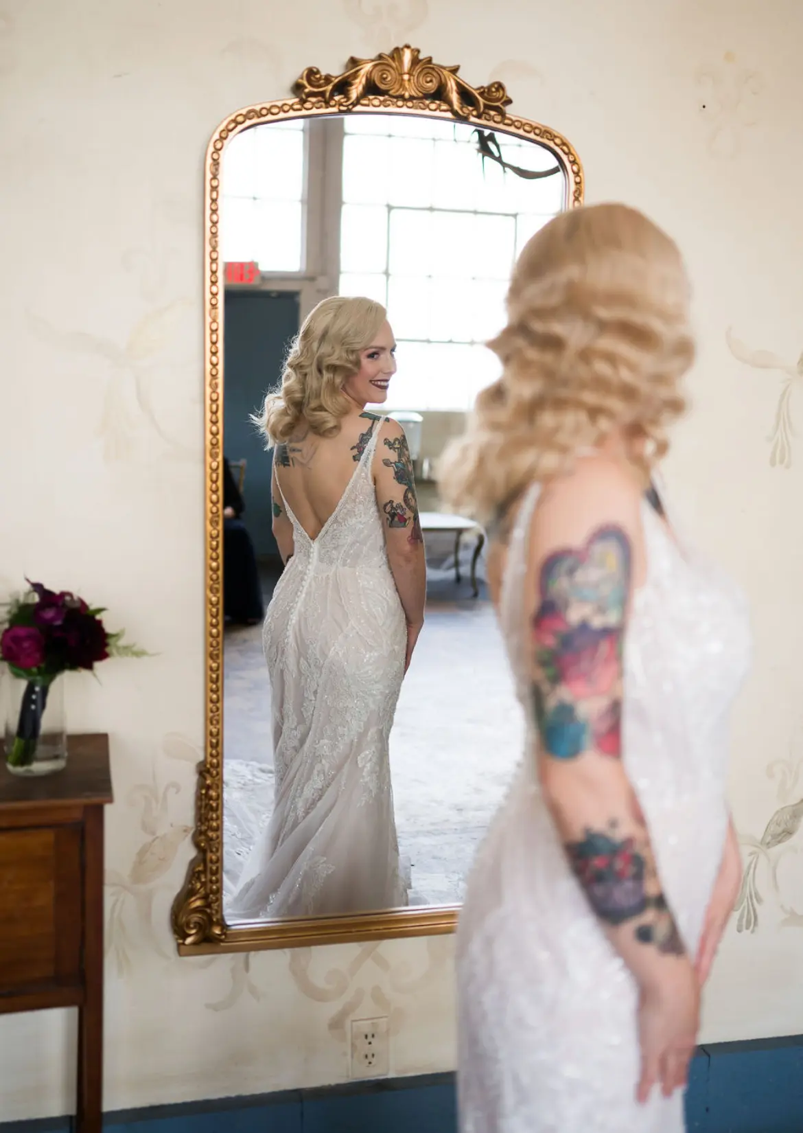 Bride Wearing Beaded Lace Wedding Dress Called Franklynn By Maggie Sottero Looking In A Mirror