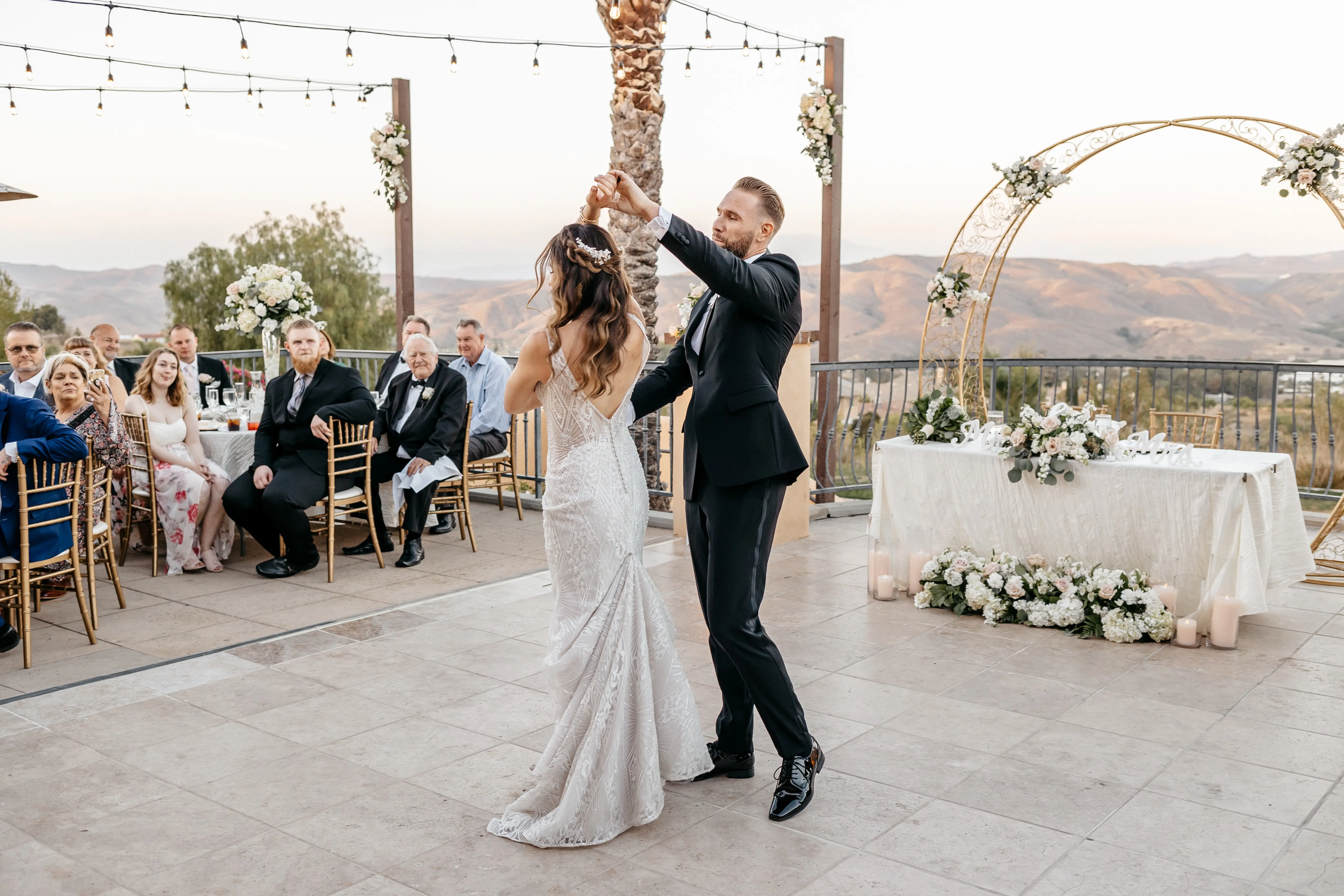 Groom With Bride Wearing Art Deco Wedding Dress Elaine By Maggie Sottero