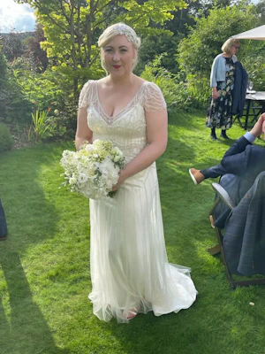 Bride Wearing Vintage Style Satin Sheath Wedding Dress Ettia By Maggie Sottero