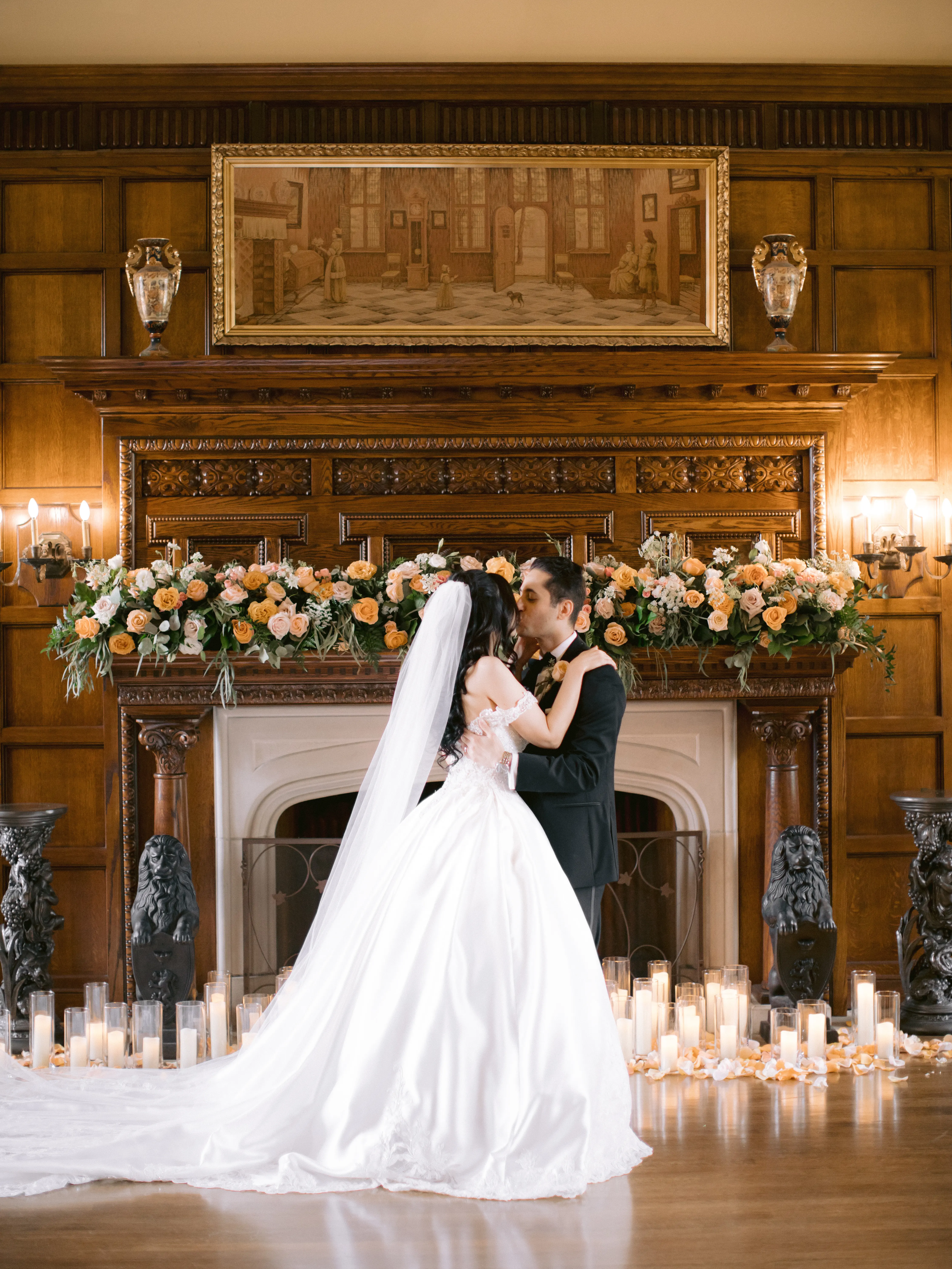 Bride with groom wearing off the shoulder luxury ballgown wedding dress