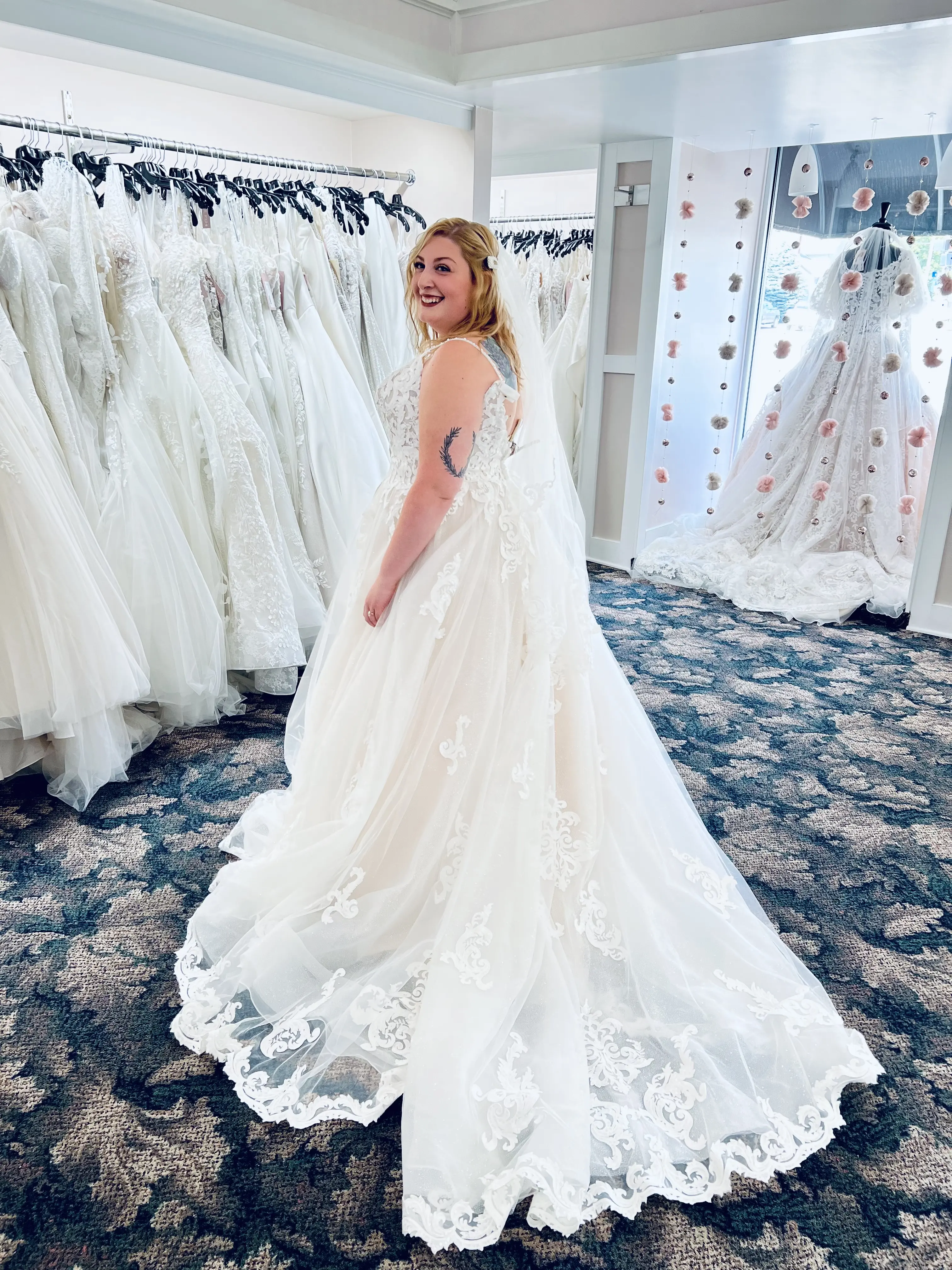 Real Bride in her "Say Yes to the Dress Moment" in Sparkly Classic Bridal Dress with Royal-Inspired Lace called Florence by Maggie Sottero