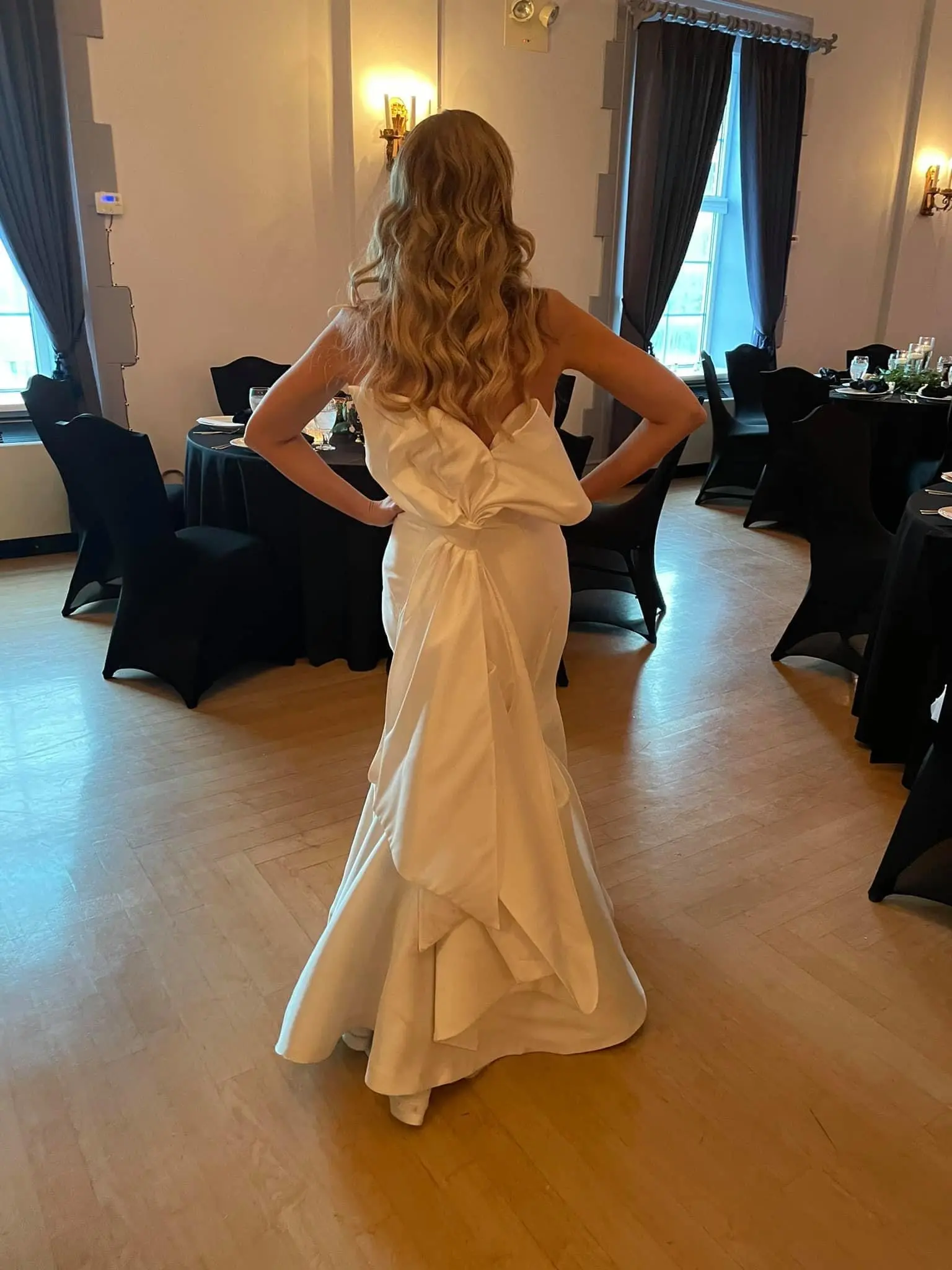 Bride wearing unique strapless wedding dress