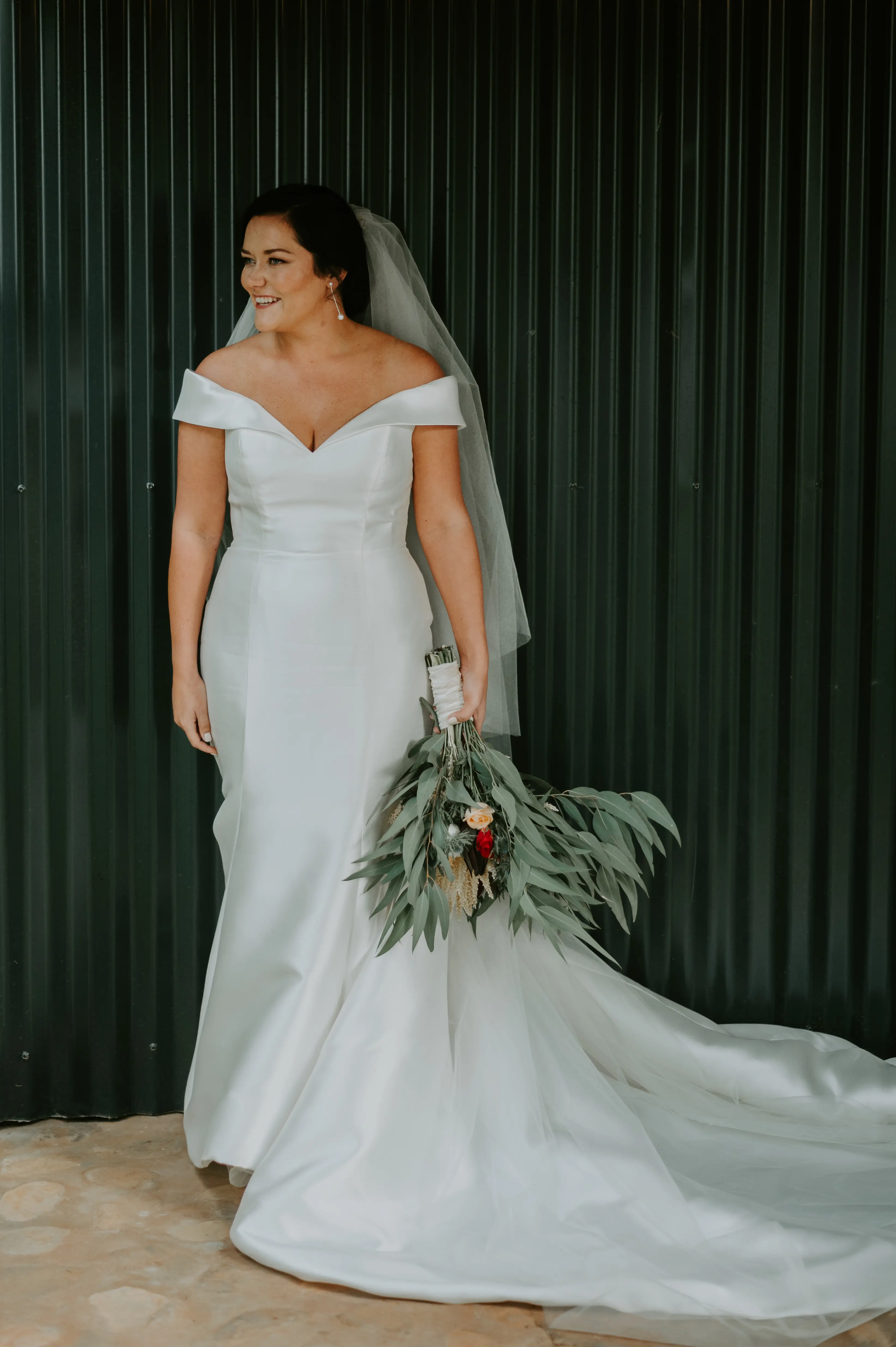 Bride Wearing Vintage Off The Shoulder Fit-And-Flare Wedding Dress Josie By Rebecca Ingram