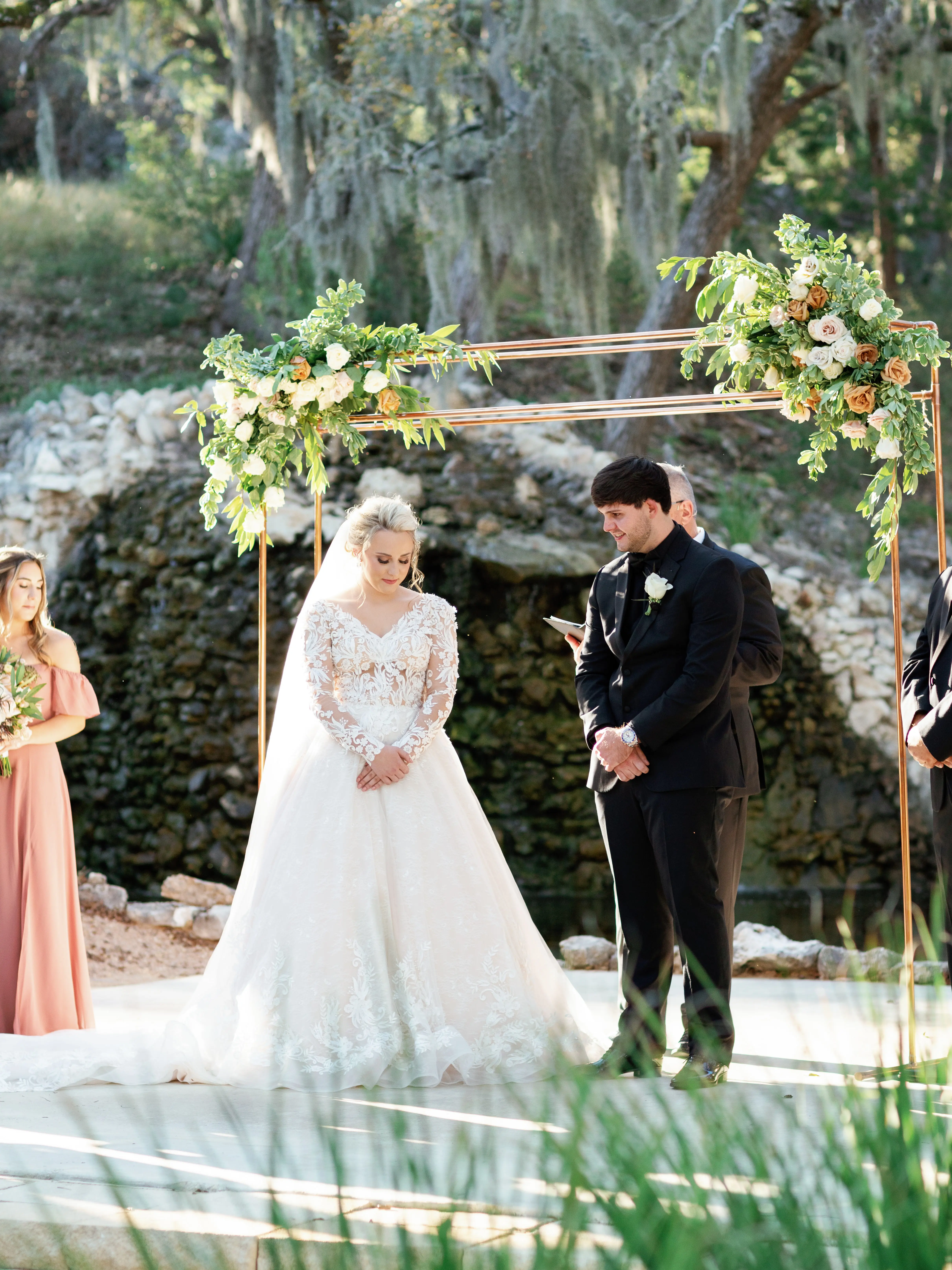 Real Bride Wearing Lace Ballgown Wedding Dress Called Zander By Sottero and Midgley and Groom At The Ceremony