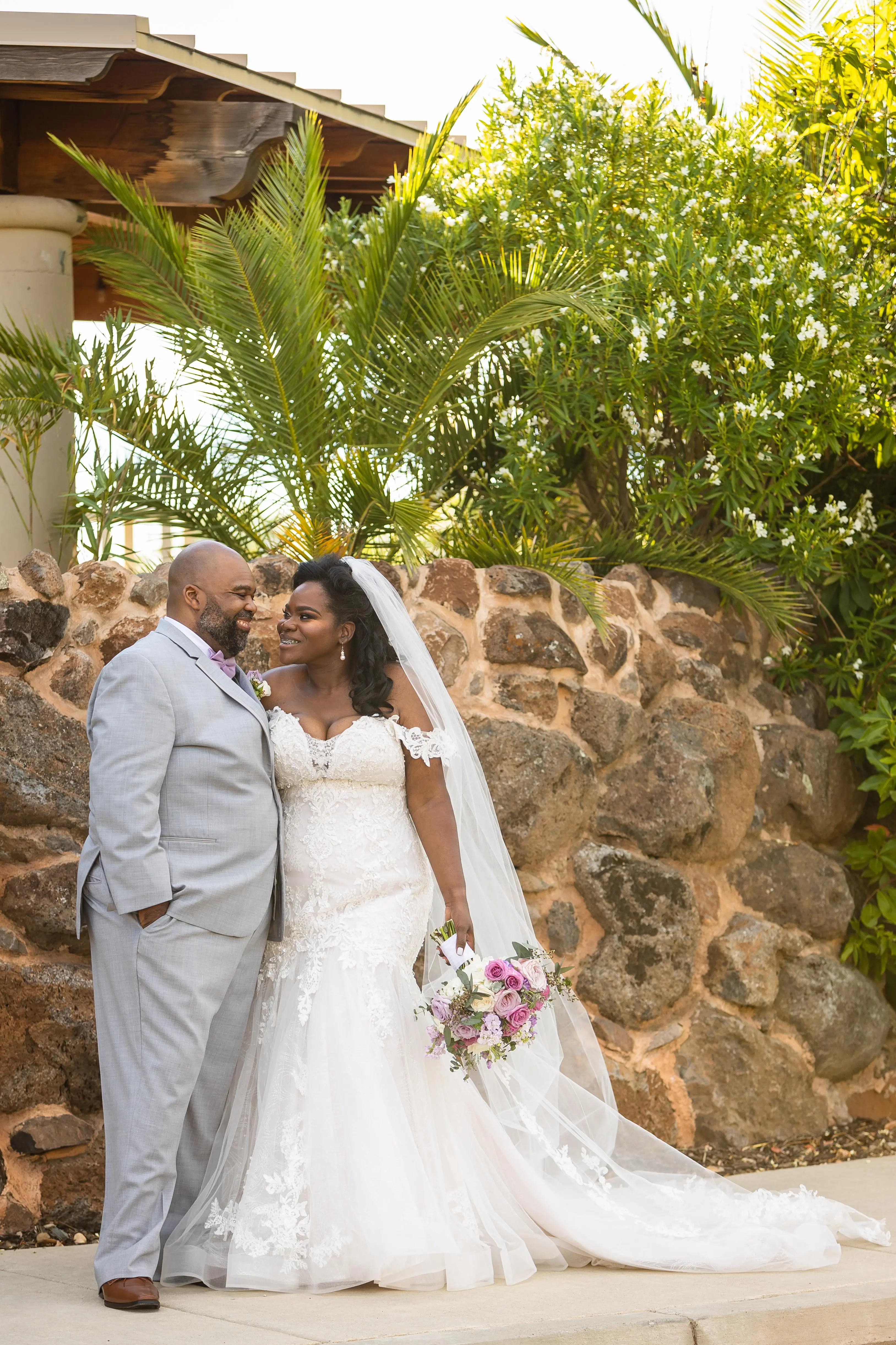 Groom With Bride Wearing Lace Mermaid Wedding Dress Lonnie Lynette By Maggie Sottero