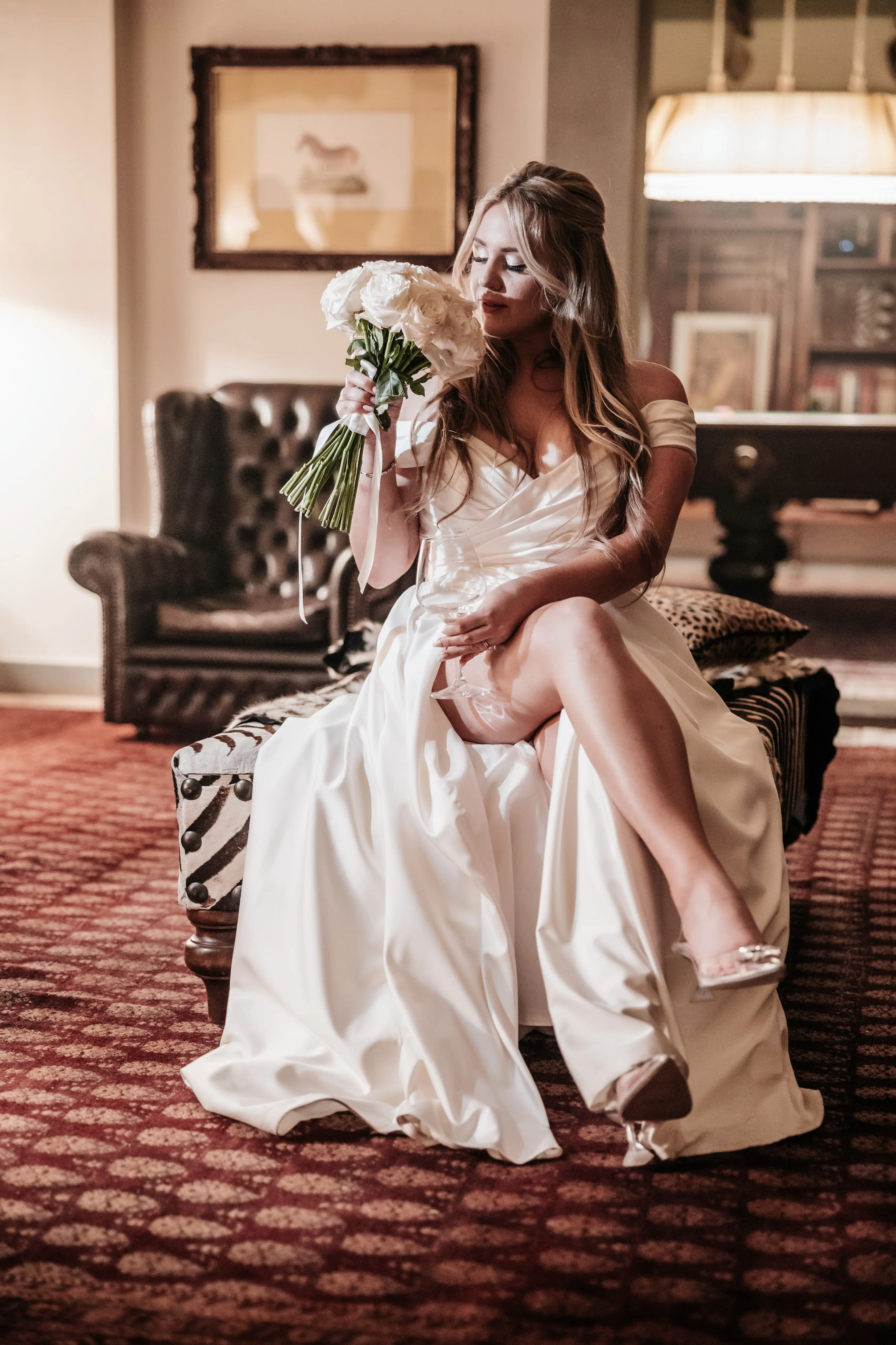 Bride Wearing A-Line Satin Off-The-Shoulder Satin Wedding Dress Ekaterina By Maggie Sottero