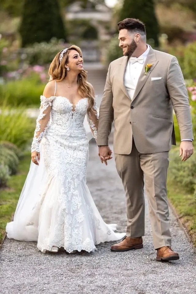 Bride Wearing Sparkly Lace Wedding Dress Called Fiona By Maggie Sottero With Groom
