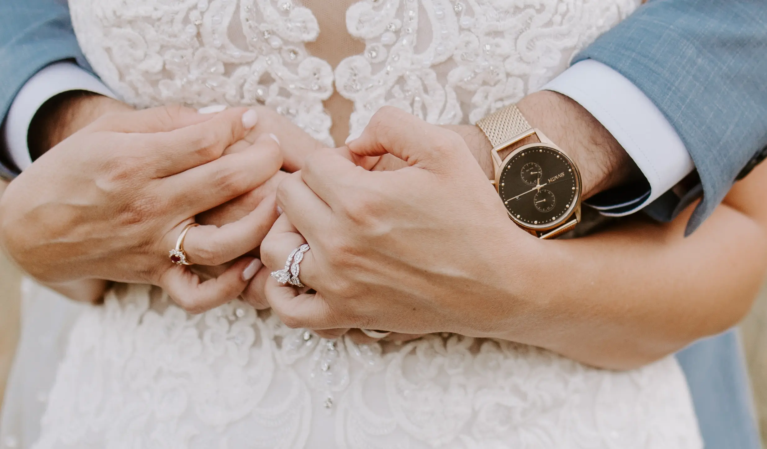 Groom With Bride Wearing Sparkly Lace Fit-And-Flare Fiona By Maggie Sottero