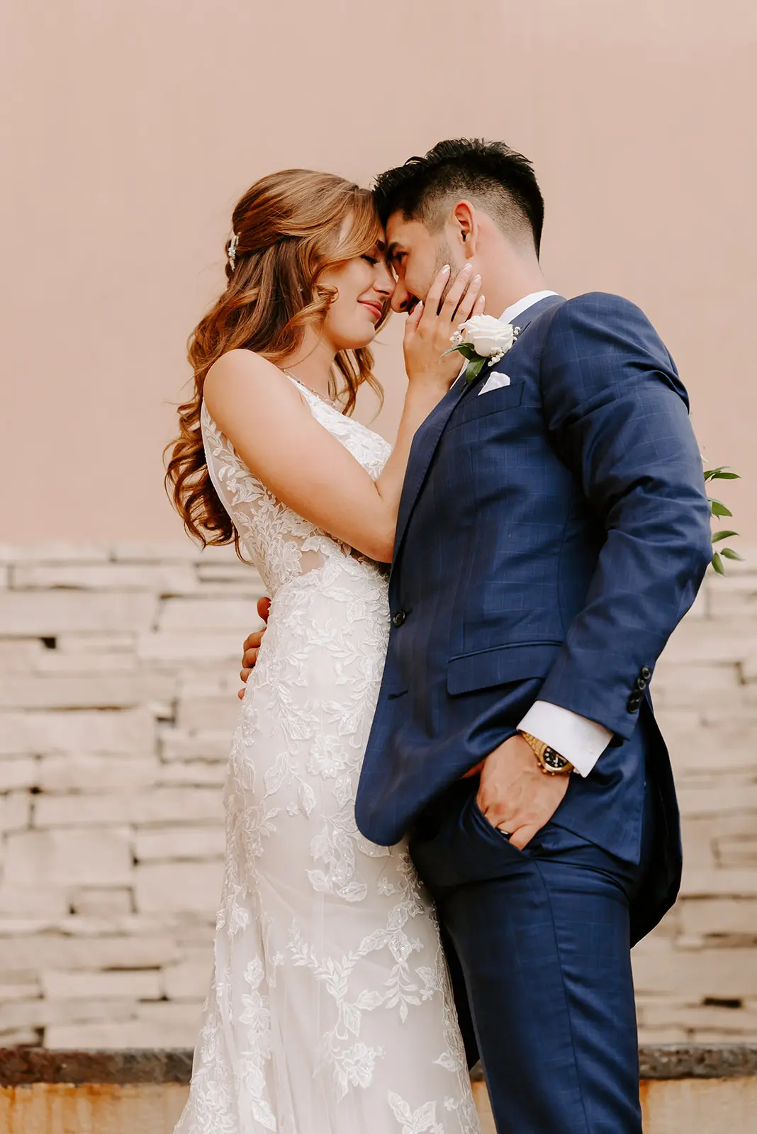 Groom With Bride Wearing Garden Inspired Lace Fit-And-Flare Greenley By Maggie Sottero